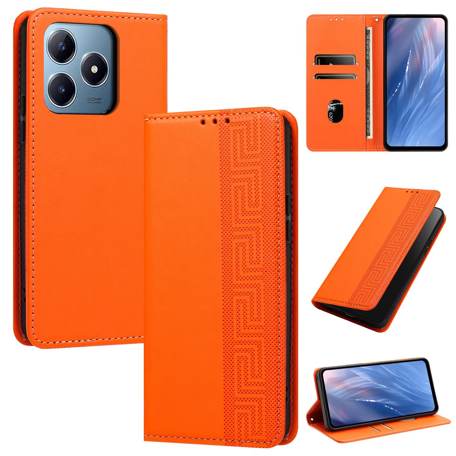 For Realme C63 / C61 / Note 60 Embossed Meander Pattern RFID Vegan Leather Phone Case(Orange) - Shopkiz.com