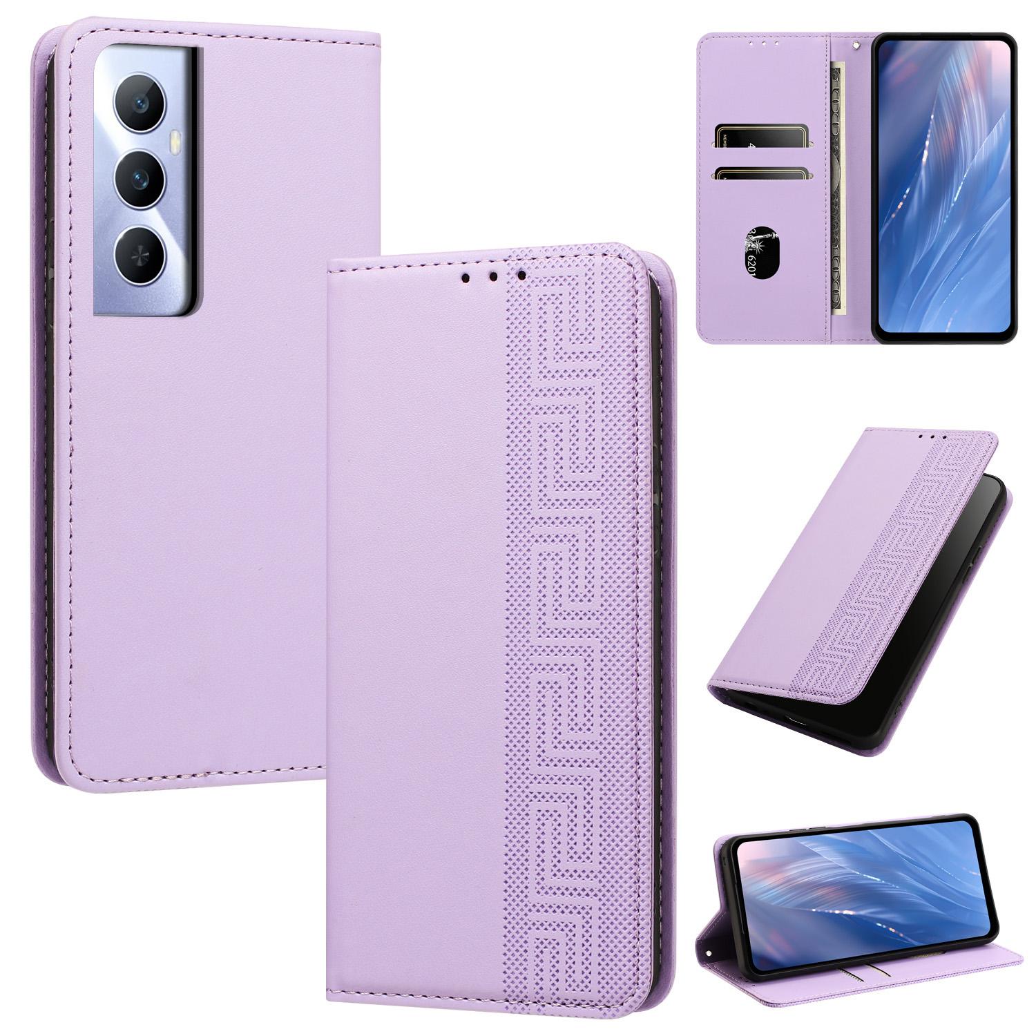 For Realme C65 4G Embossed Meander Pattern RFID Vegan Leather Phone Case(Light Purple) - Shopkiz.com