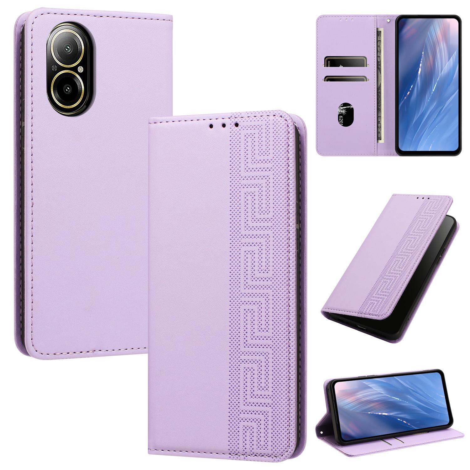 For Realme C67 4G / 12 Lite 4G Embossed Meander Pattern RFID Vegan Leather Phone Case(Light Purple) - Shopkiz.com