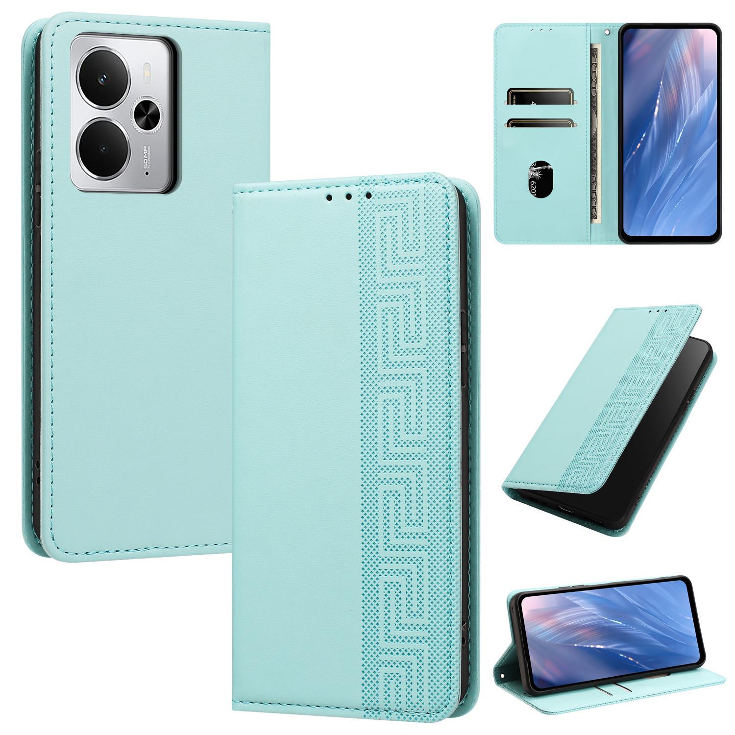 For Realme 14 5G / 14T 5G Embossed Meander Pattern RFID Vegan Leather Phone Case(Mint Green) - Shopkiz.com