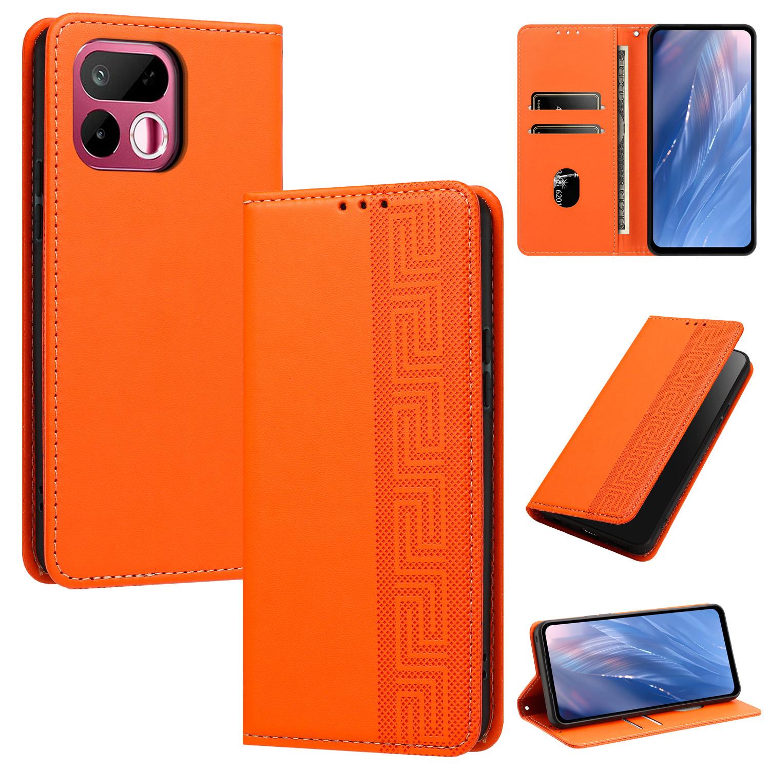 For Realme 16T 5G Embossed Meander Pattern RFID Vegan Leather Phone Case(Orange) - Shopkiz.com