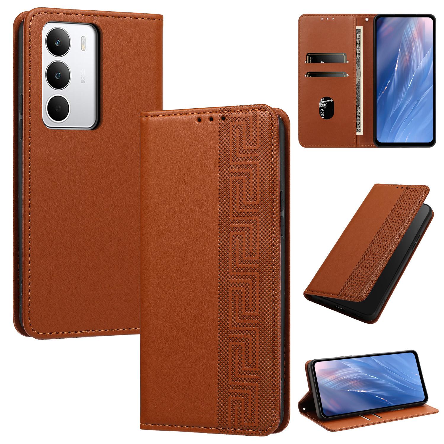 For Realme C71 4G / C75 4G Global Embossed Meander Pattern RFID Vegan Leather Phone Case(Brown) - Shopkiz.com