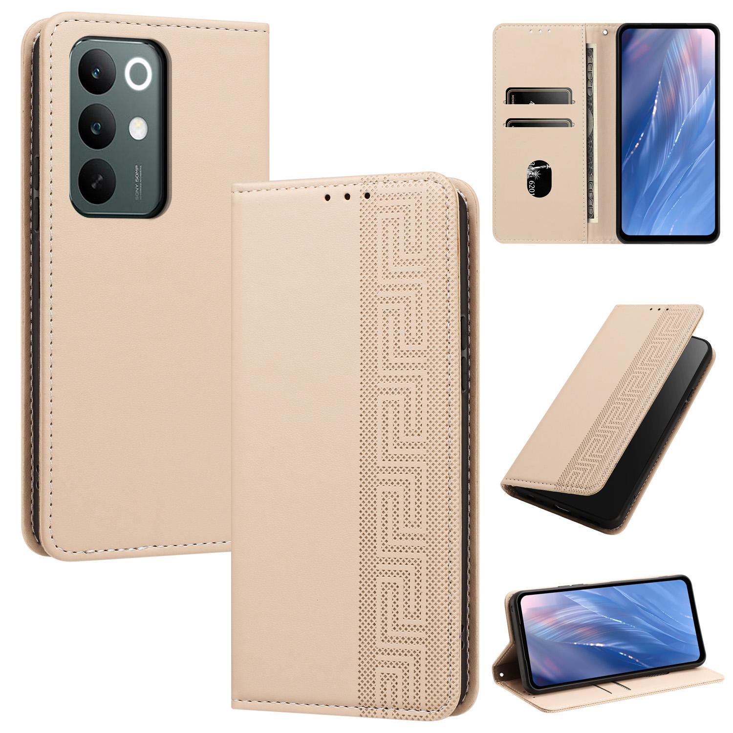 For Realme C85 Pro 4G Embossed Meander Pattern RFID Vegan Leather Phone Case(Beige) - Shopkiz.com