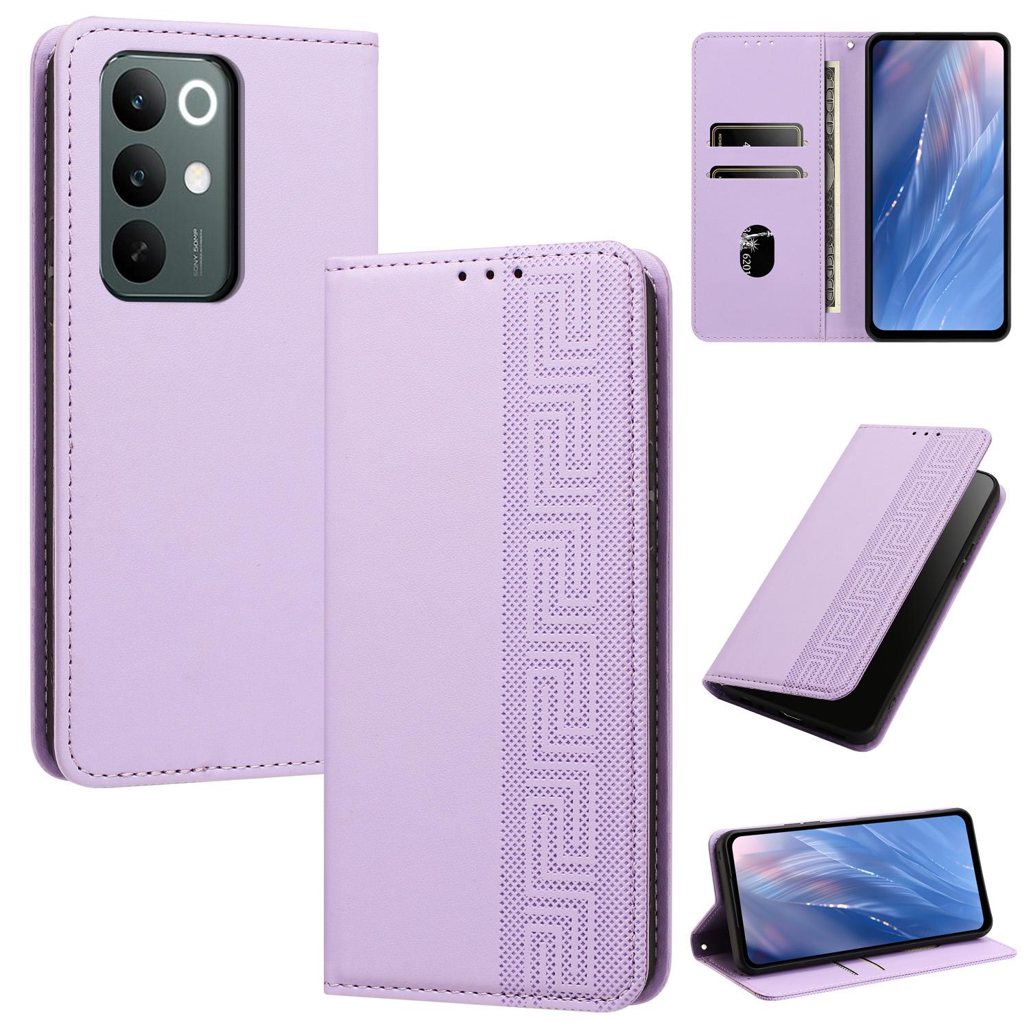 For Realme C100 4G / C100x / C100i Embossed Meander Pattern RFID Vegan Leather Phone Case(Light Purple) - Shopkiz.com