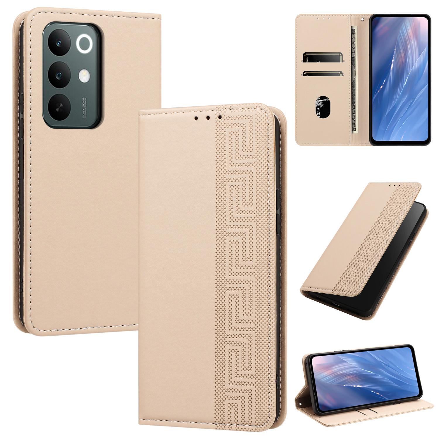 For Realme C100 4G / C100x / C100i Embossed Meander Pattern RFID Vegan Leather Phone Case(Beige) - Shopkiz.com