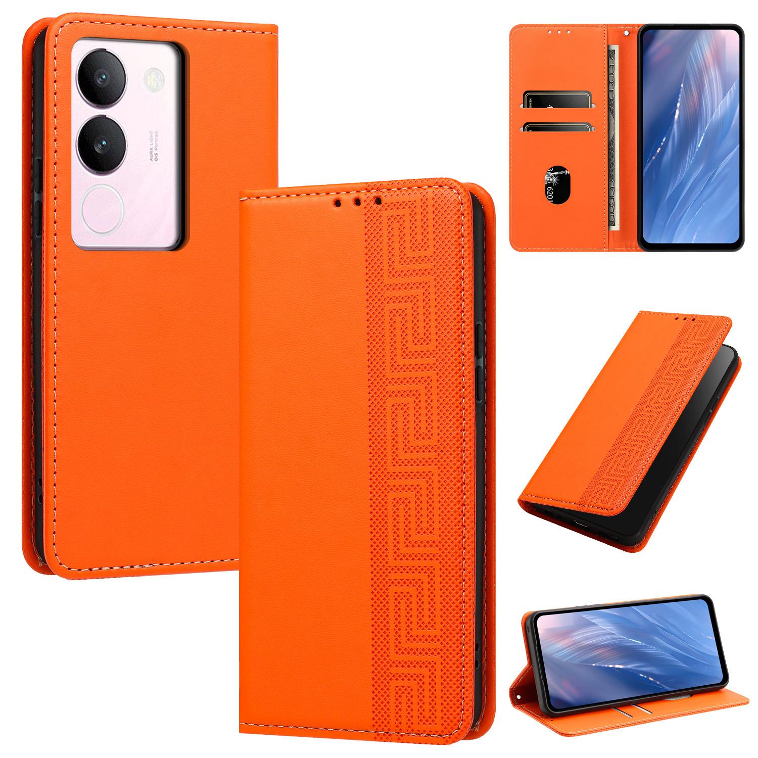 For vivo S17 / S17 Pro / S17t Embossed Meander Pattern RFID Vegan Leather Phone Case(Orange) - Shopkiz.com