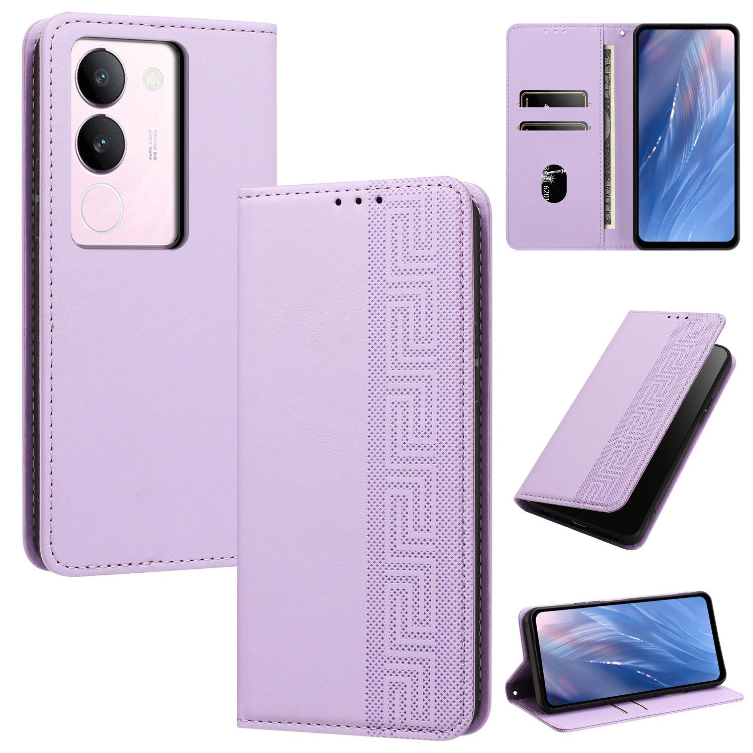 For vivo S17 / S17 Pro / S17t Embossed Meander Pattern RFID Vegan Leather Phone Case(Light Purple) - Shopkiz.com
