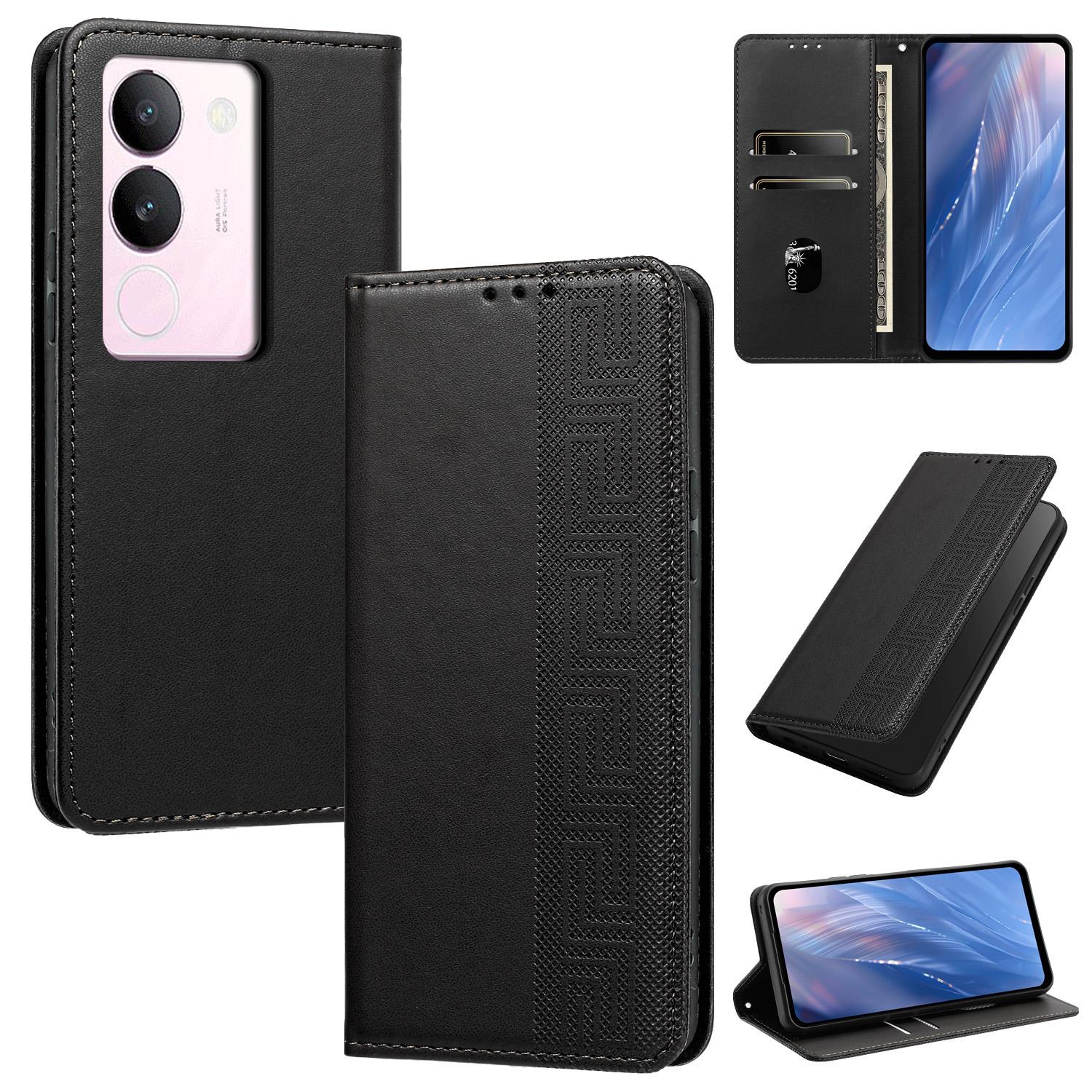 For vivo S17 / S17 Pro / S17t Embossed Meander Pattern RFID Vegan Leather Phone Case(Black) - Shopkiz.com