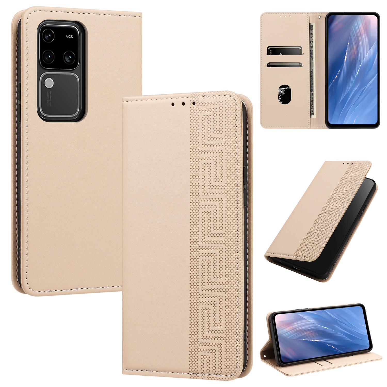 For vivo S18 / S18 Pro / V30 5G Embossed Meander Pattern RFID Vegan Leather Phone Case(Beige) - Shopkiz.com