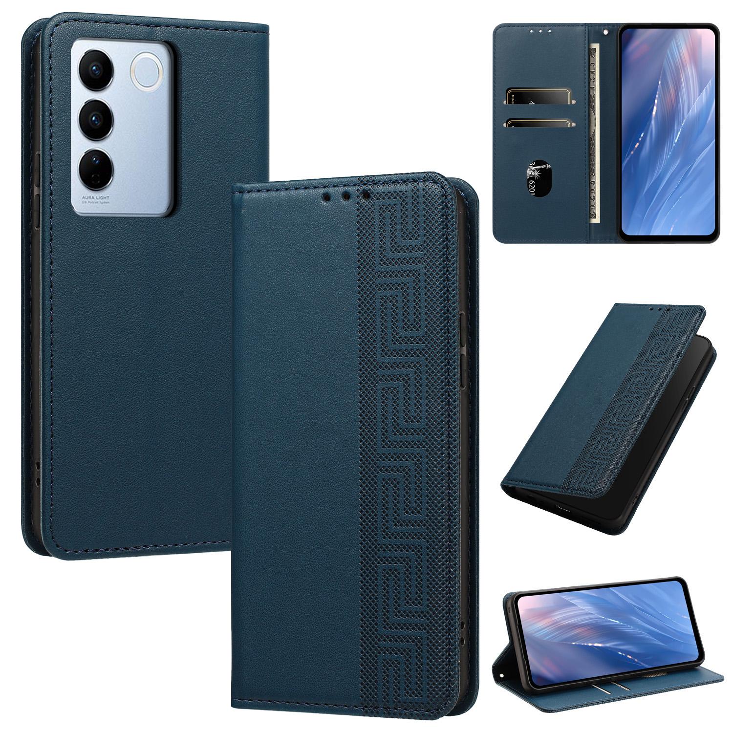 For vivo V27 / V27 Pro 5G Embossed Meander Pattern RFID Vegan Leather Phone Case(Dark Blue) - Shopkiz.com