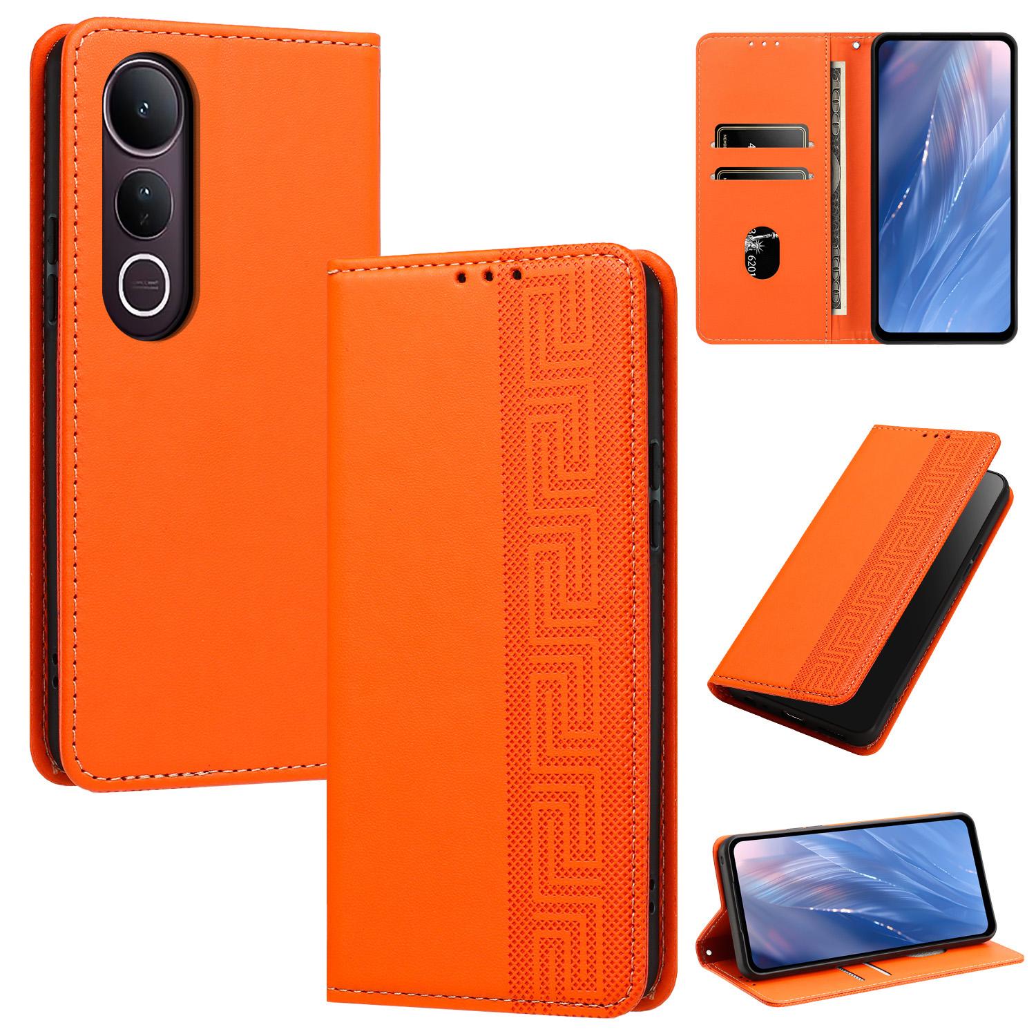 For vivo V50 Lite 4G / 5G Embossed Meander Pattern RFID Vegan Leather Phone Case(Orange) - Shopkiz.com