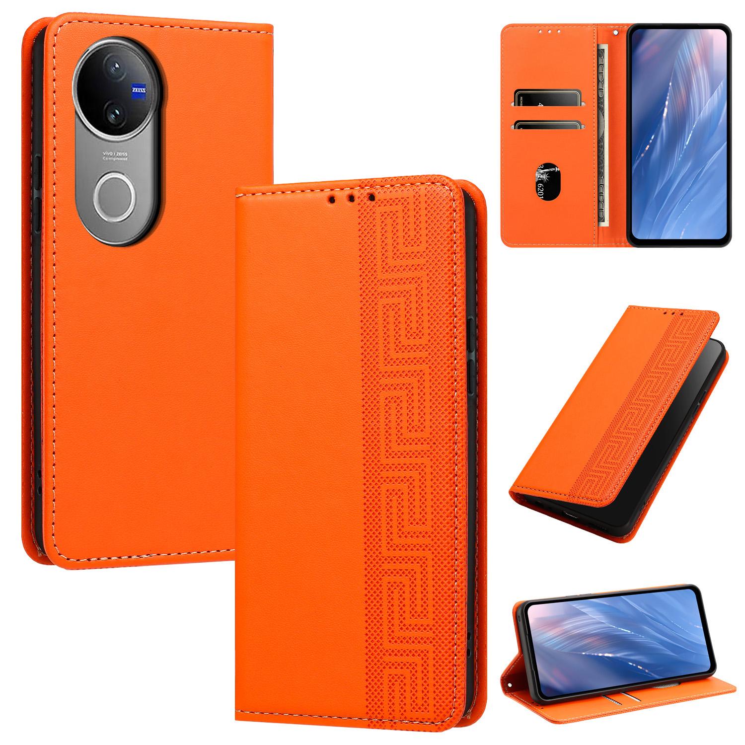 For vivo V50 5G Global / V50e Embossed Meander Pattern RFID Vegan Leather Phone Case(Orange) - Shopkiz.com
