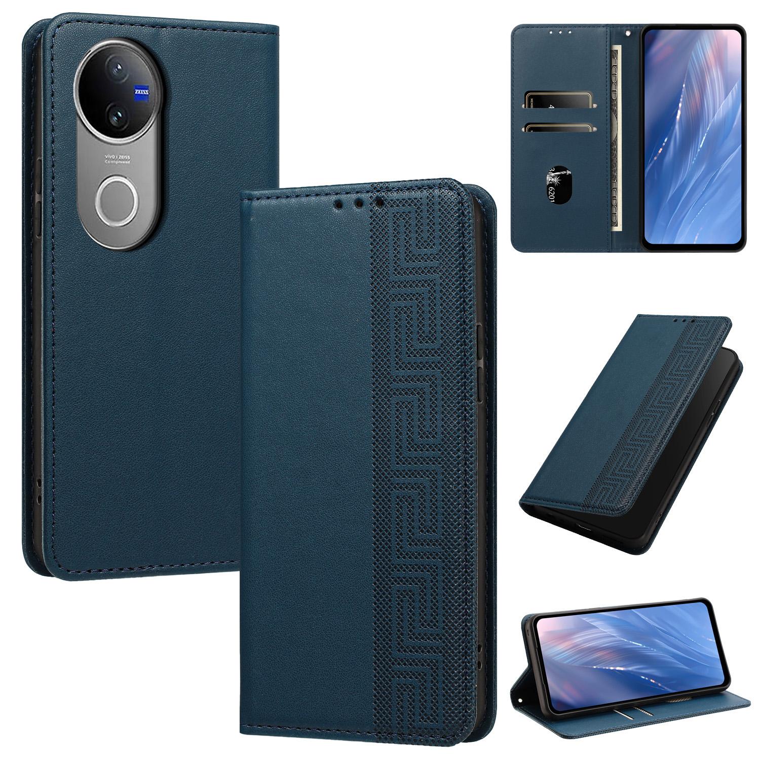 For vivo V50 5G Global / V50e Embossed Meander Pattern RFID Vegan Leather Phone Case(Dark Blue) - Shopkiz.com