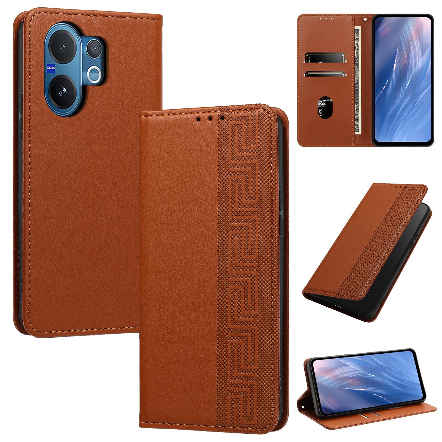 For vivo V60 5G Embossed Meander Pattern RFID Vegan Leather Phone Case(Brown) - Shopkiz.com