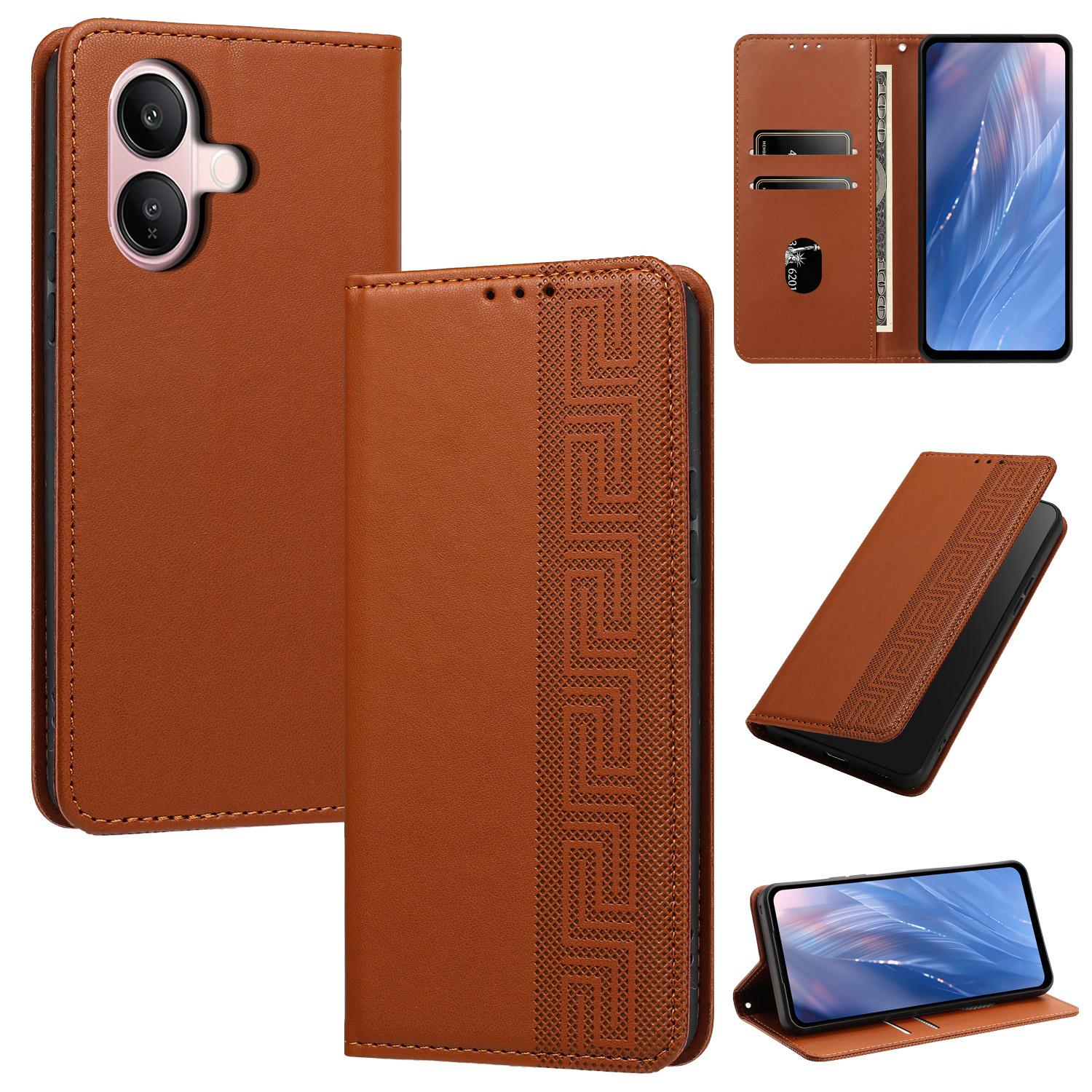 For vivo V60 Lite 4G / 5G Embossed Meander Pattern RFID Vegan Leather Phone Case(Brown) - Shopkiz.com