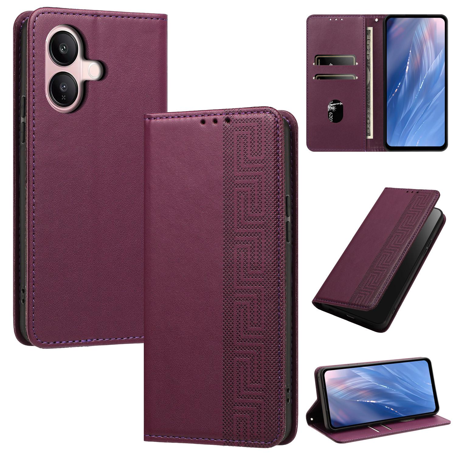 For vivo V60 Lite 4G / 5G Embossed Meander Pattern RFID Vegan Leather Phone Case(Dark Purple) - Shopkiz.com