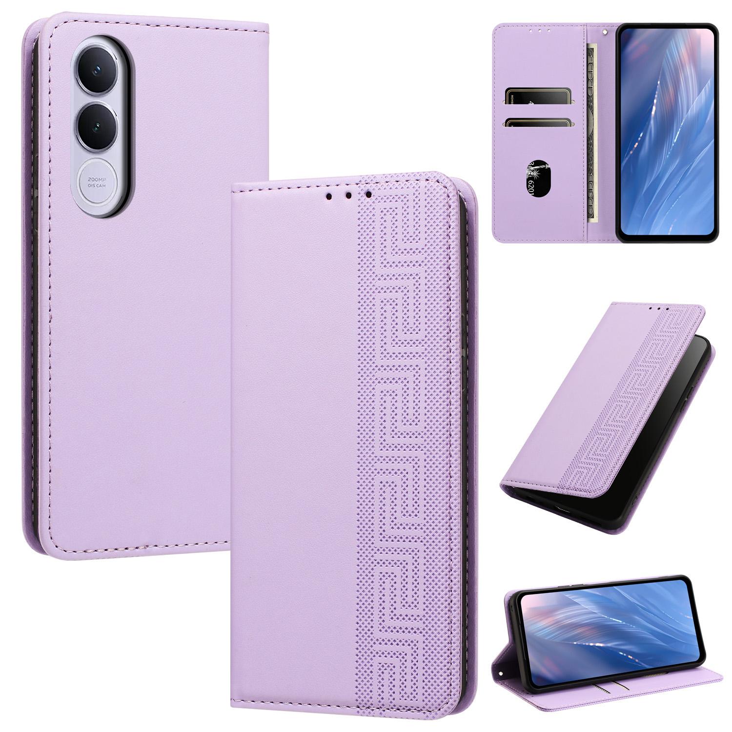 For vivo V70 FE 5G Embossed Meander Pattern RFID Vegan Leather Phone Case(Light Purple) - Shopkiz.com