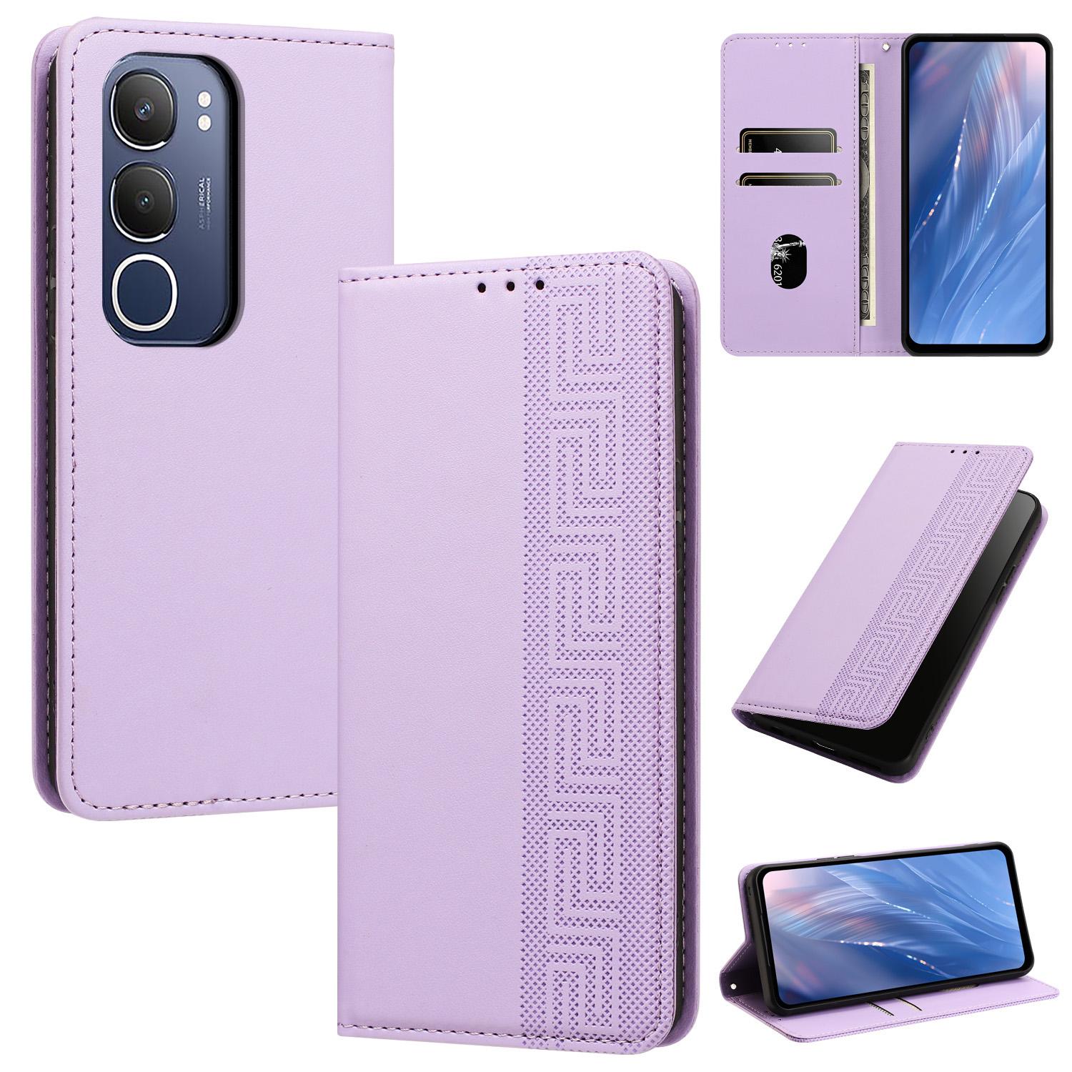 For vivo Y19s 4G / Y29 5G Embossed Meander Pattern RFID Vegan Leather Phone Case(Light Purple) - Shopkiz.com
