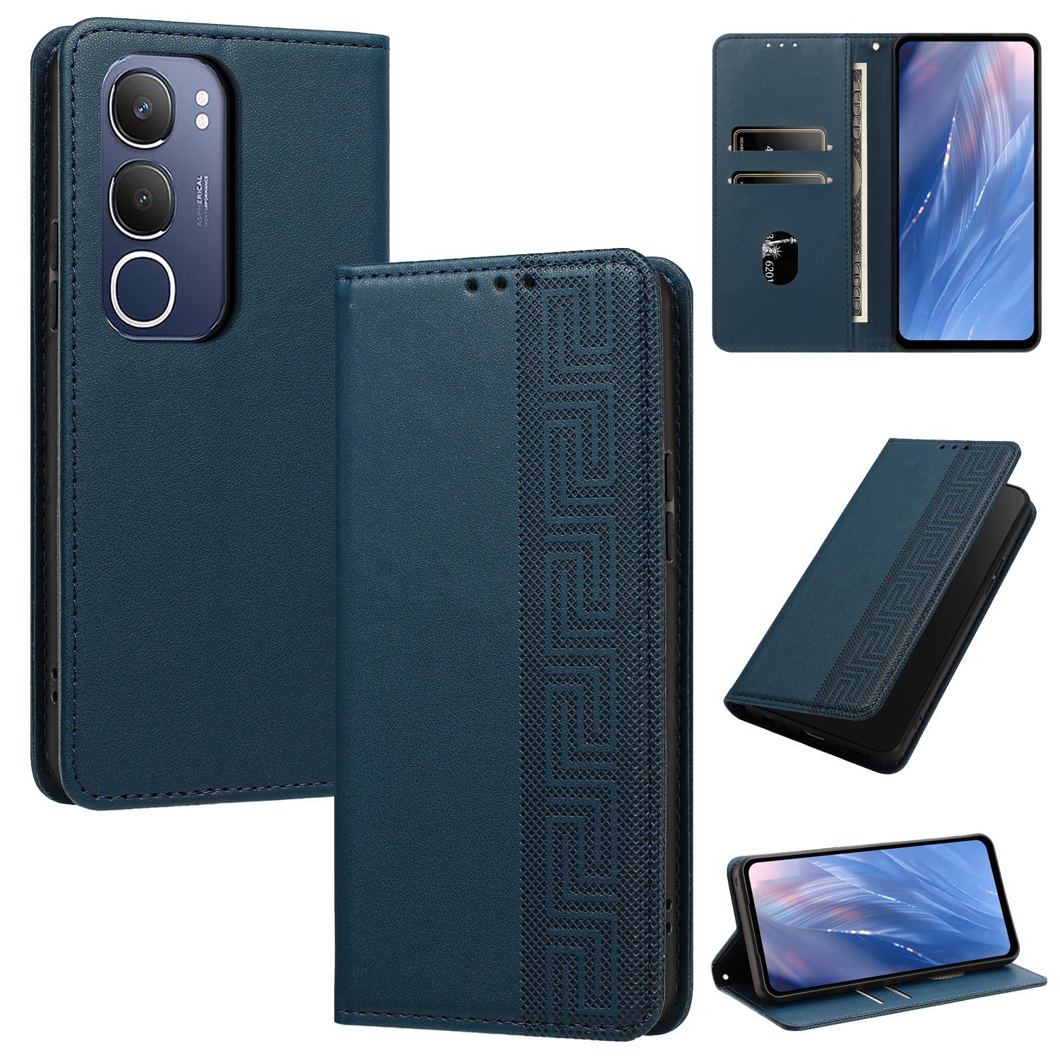 For vivo Y19s 4G / Y29 5G Embossed Meander Pattern RFID Vegan Leather Phone Case(Dark Blue) - Shopkiz.com