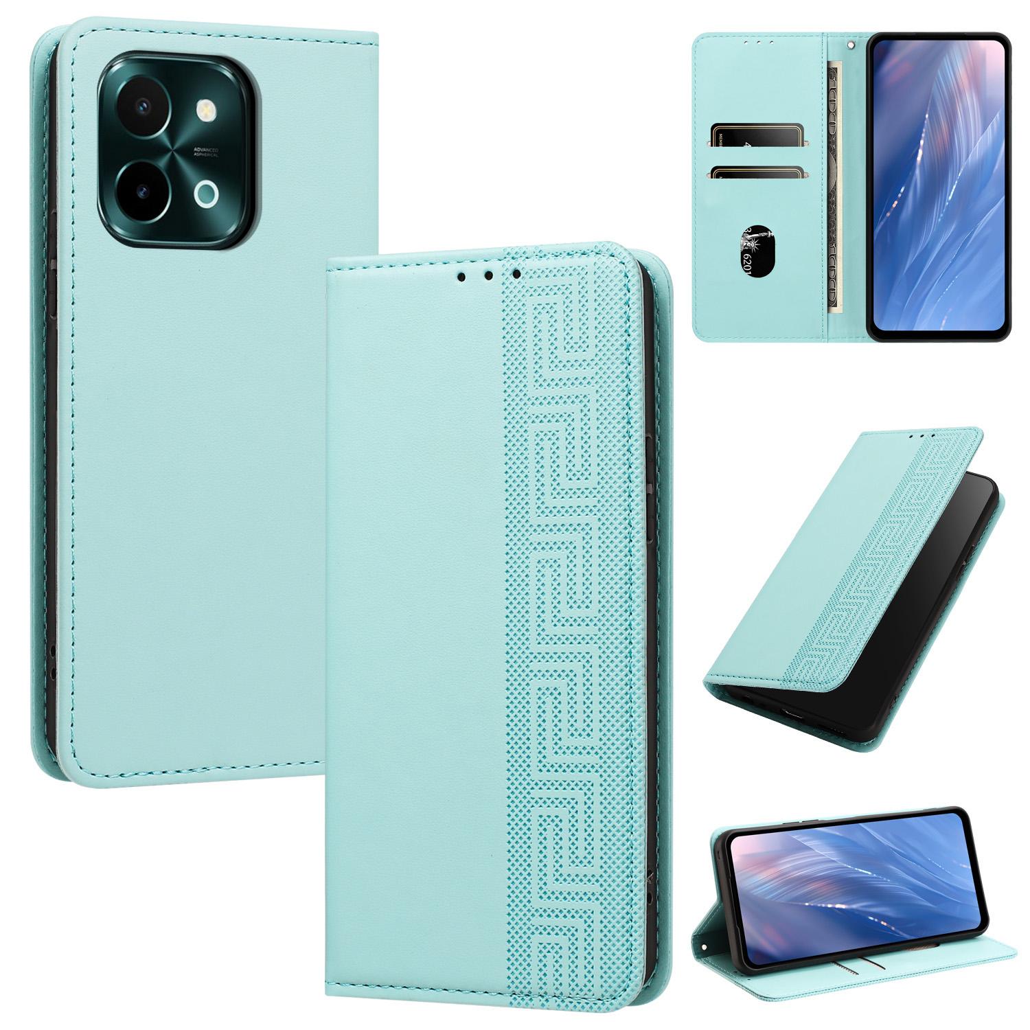 For vivo Y28 4G / iQOO Z9x 5G Embossed Meander Pattern RFID Vegan Leather Phone Case(Mint Green) - Shopkiz.com