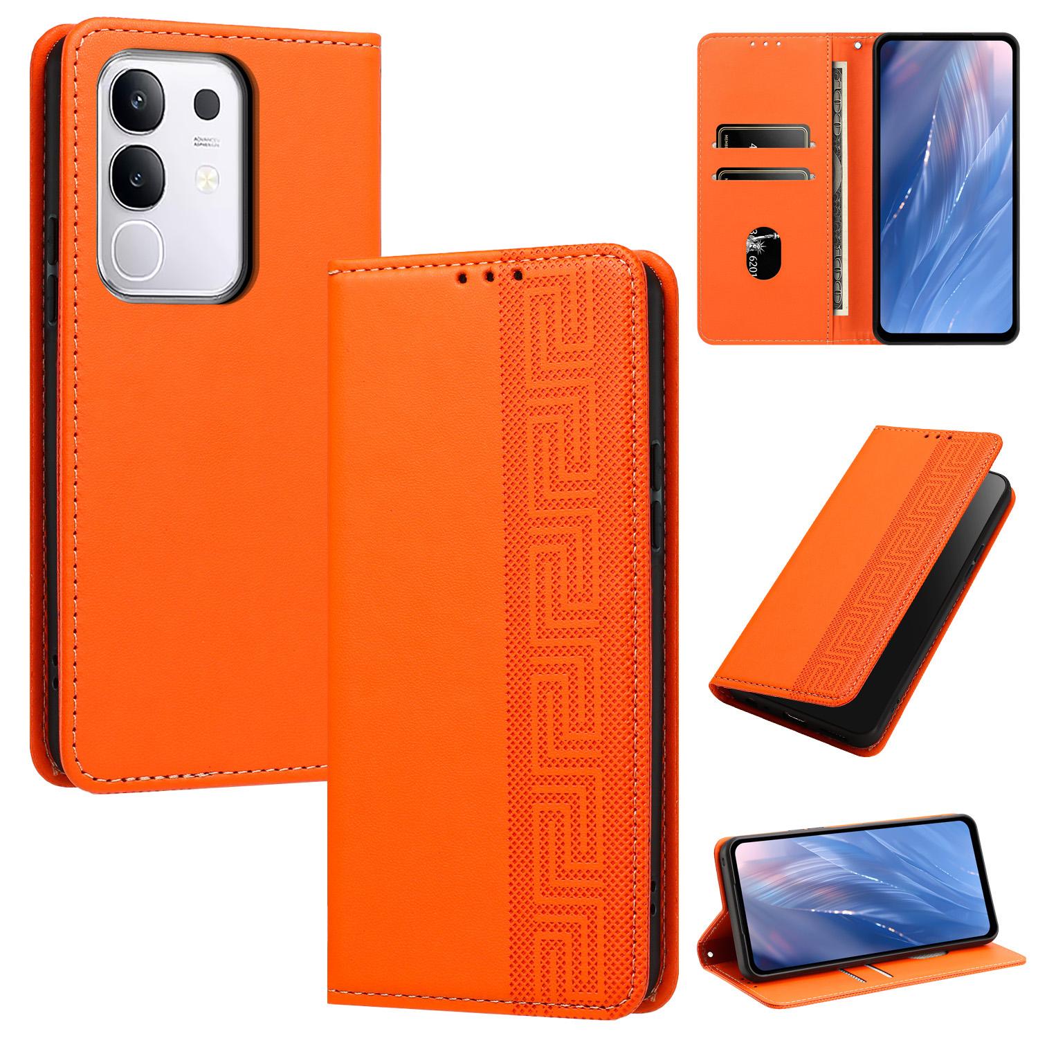For vivo Y29 4G / T4x 5G / Y300t 5G Embossed Meander Pattern RFID Vegan Leather Phone Case(Orange) - Shopkiz.com