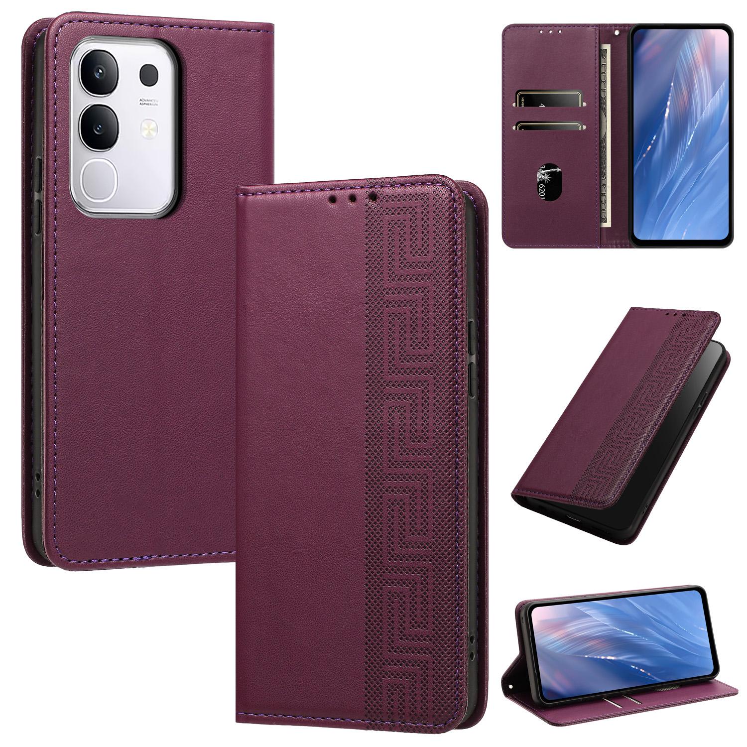 For vivo Y29 4G / T4x 5G / Y300t 5G Embossed Meander Pattern RFID Vegan Leather Phone Case(Dark Purple) - Shopkiz.com