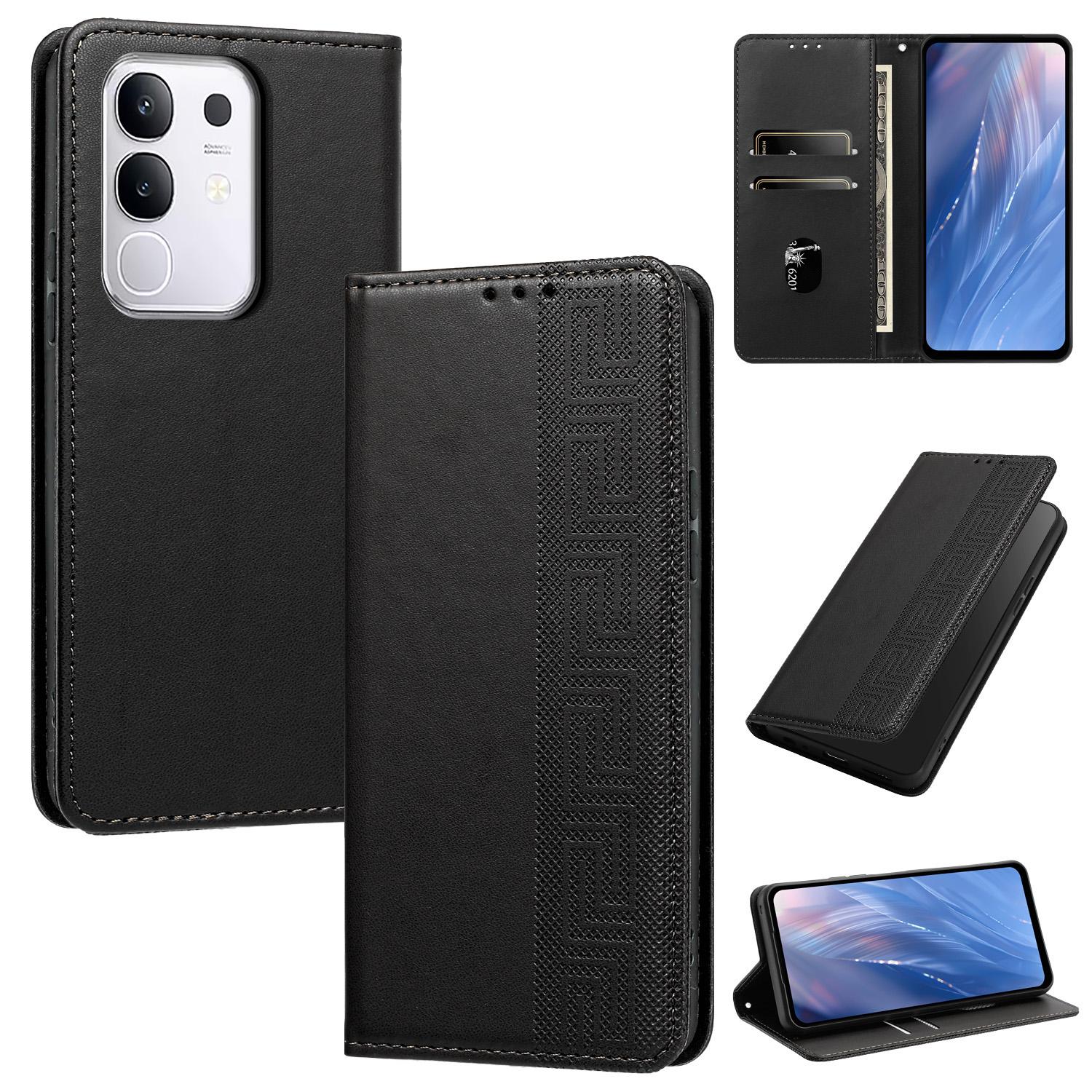 For vivo Y29 4G / T4x 5G / Y300t 5G Embossed Meander Pattern RFID Vegan Leather Phone Case(Black) - Shopkiz.com