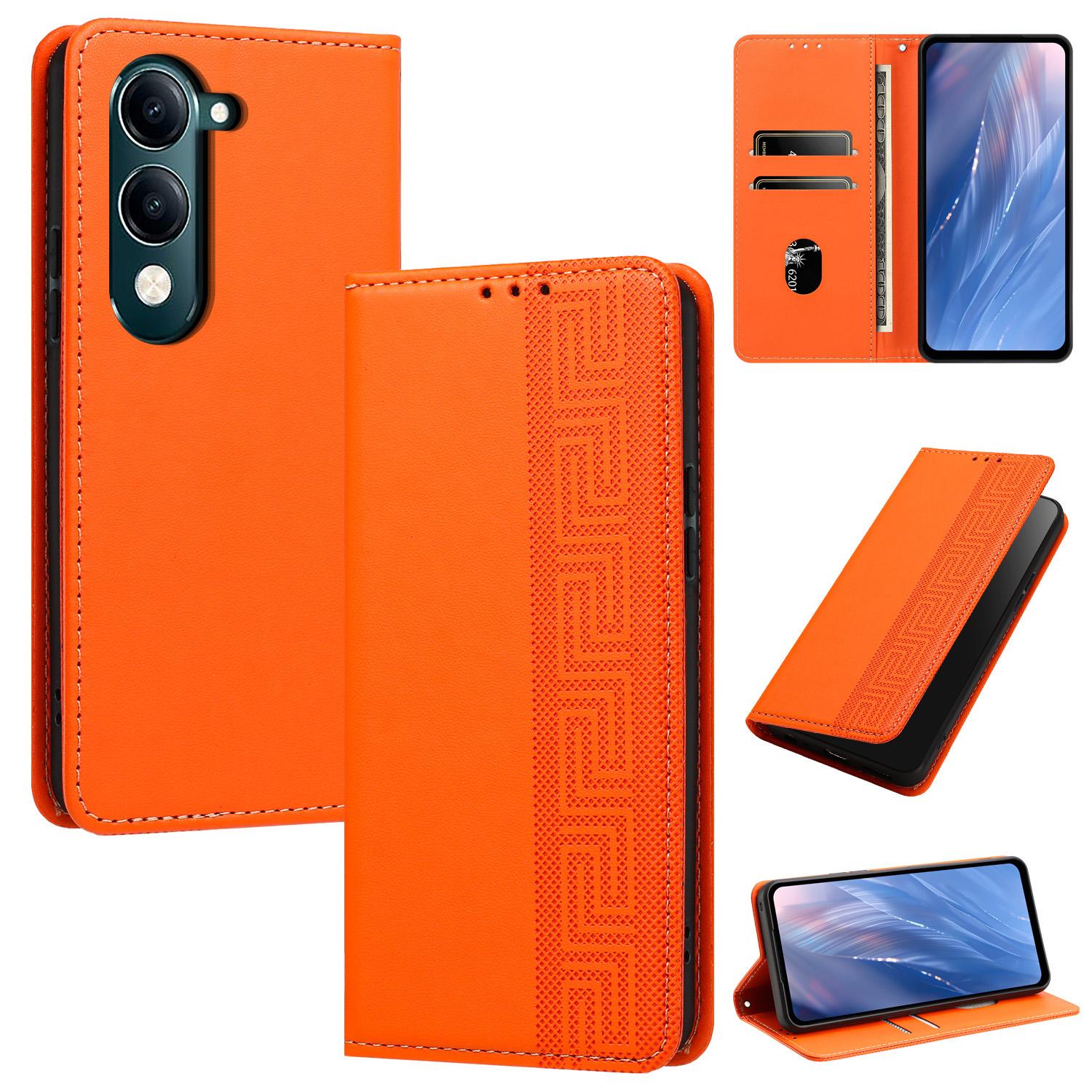 For vivo Y29s 5G / Y04 4G / Y29e Embossed Meander Pattern RFID Vegan Leather Phone Case(Orange) - Shopkiz.com