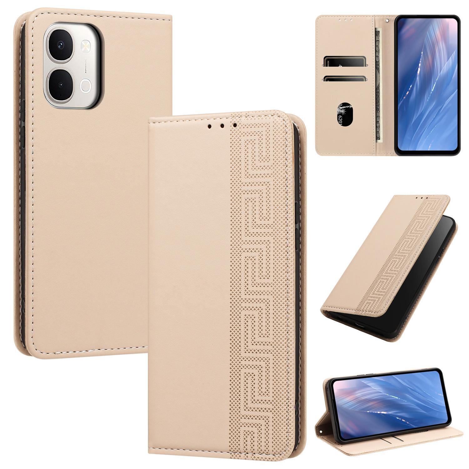 For vivo Y31d 4G / T5x 5G India Embossed Meander Pattern RFID Vegan Leather Phone Case(Beige) - Shopkiz.com
