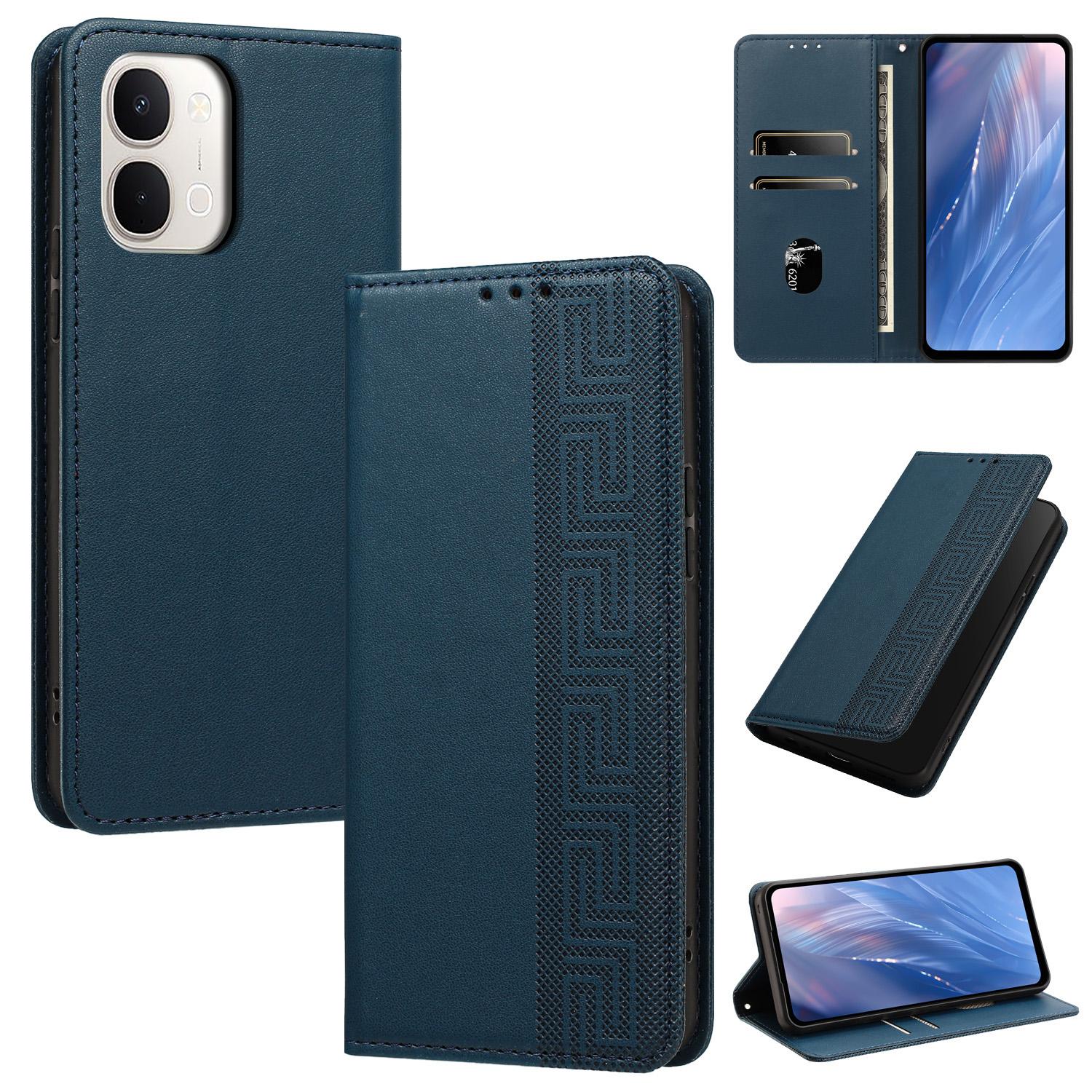 For vivo Y31d 4G / T5x 5G India Embossed Meander Pattern RFID Vegan Leather Phone Case(Dark Blue) - Shopkiz.com