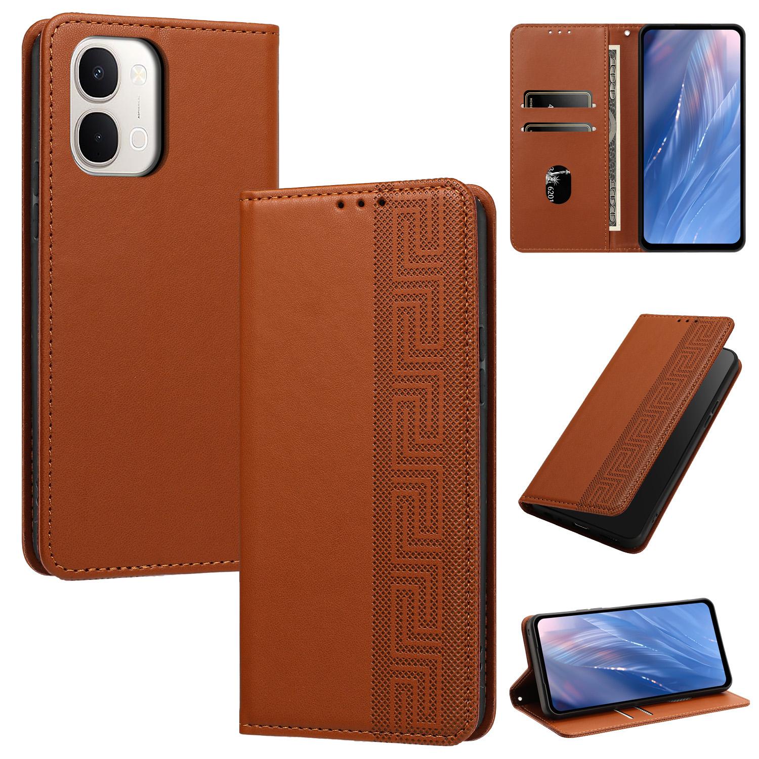 For vivo Y31d 4G / T5x 5G India Embossed Meander Pattern RFID Vegan Leather Phone Case(Brown) - Shopkiz.com