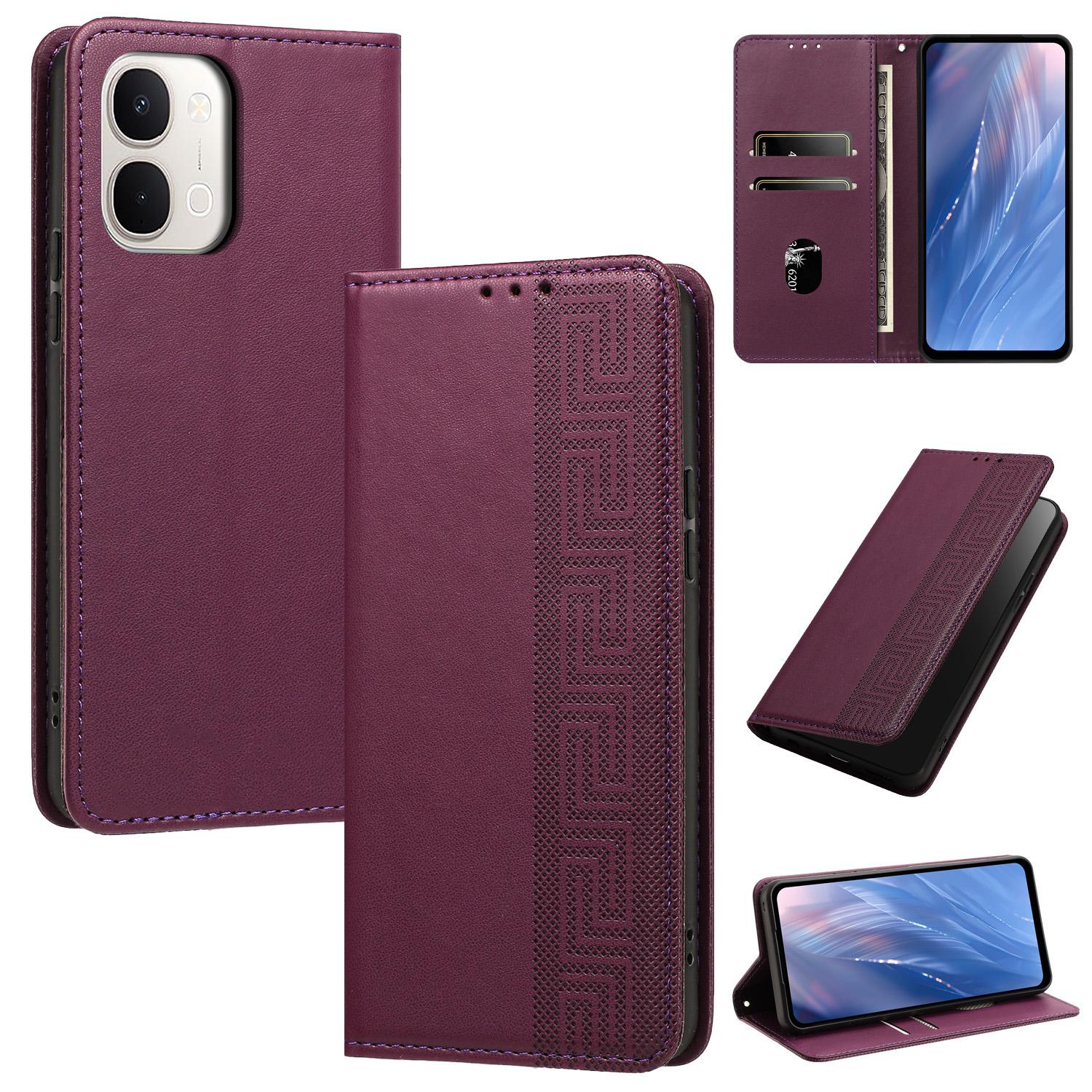 For vivo Y31d 4G / T5x 5G India Embossed Meander Pattern RFID Vegan Leather Phone Case(Dark Purple) - Shopkiz.com
