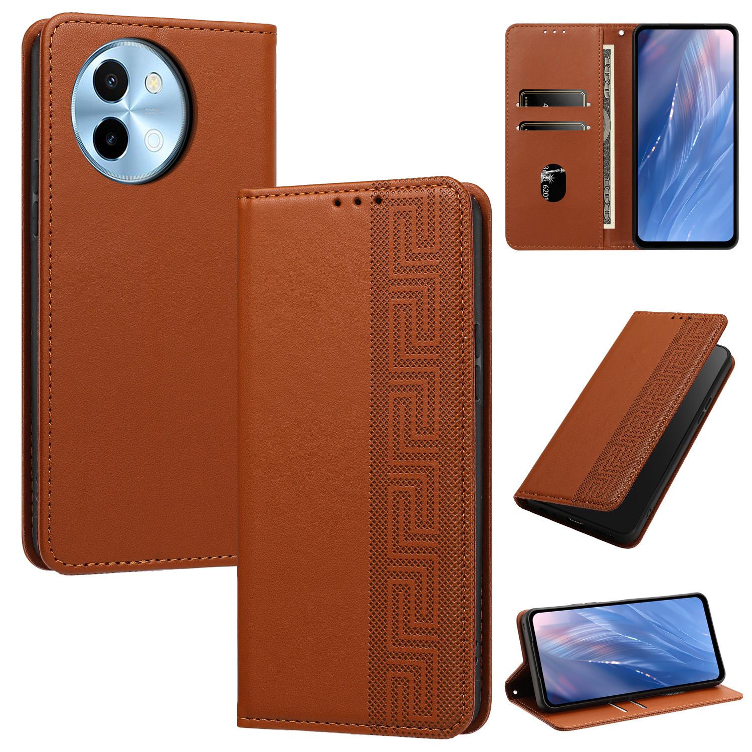 For vivo Y38 5G / T3x 5G Embossed Meander Pattern RFID Vegan Leather Phone Case(Brown) - Shopkiz.com