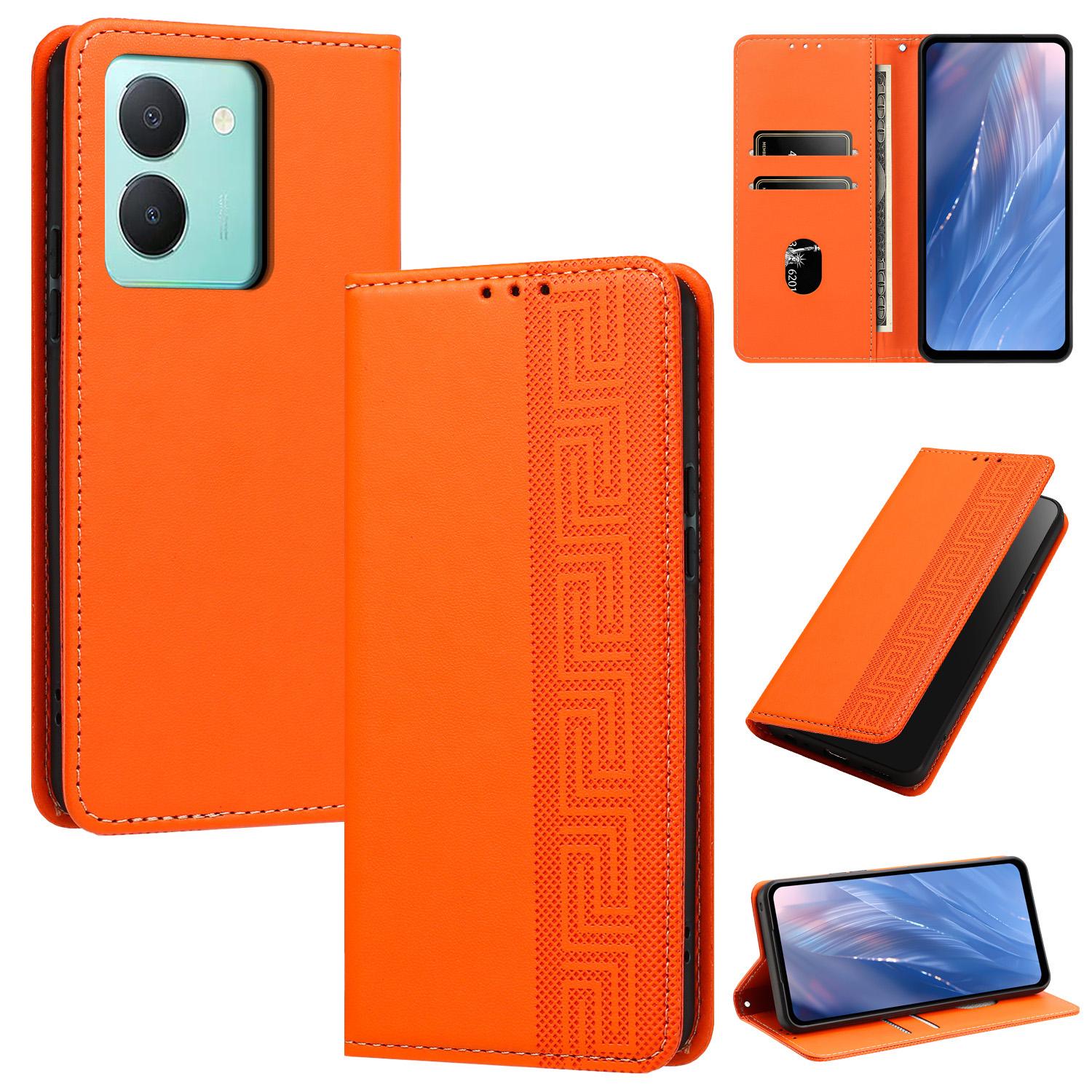 For vivo Y36 4G / 5G / Y78m / Y27 5G Embossed Meander Pattern RFID Vegan Leather Phone Case(Orange) - Shopkiz.com