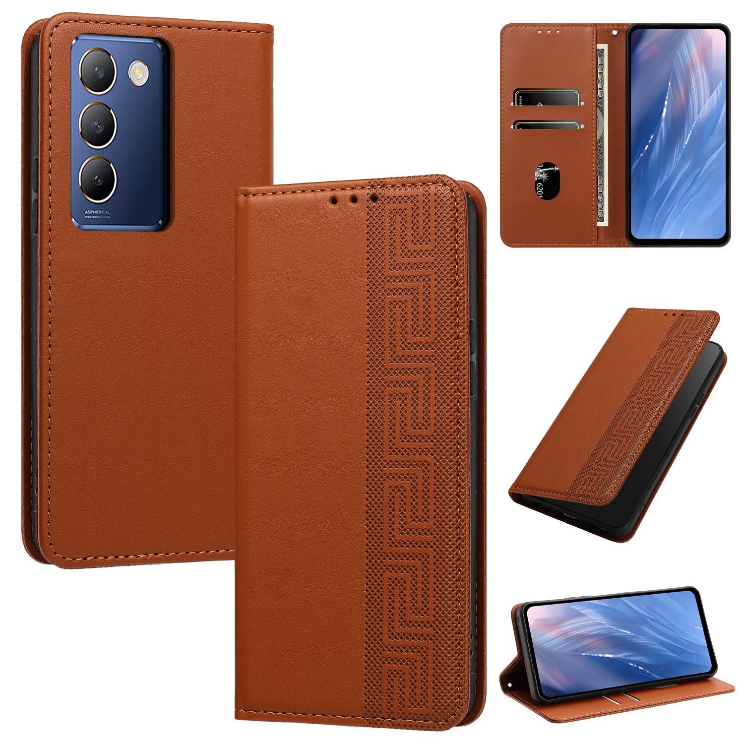 For vivo Y100 IDN/Y200e/V30 Lite ME Embossed Meander Pattern RFID Vegan Leather Phone Case(Brown) - Shopkiz.com