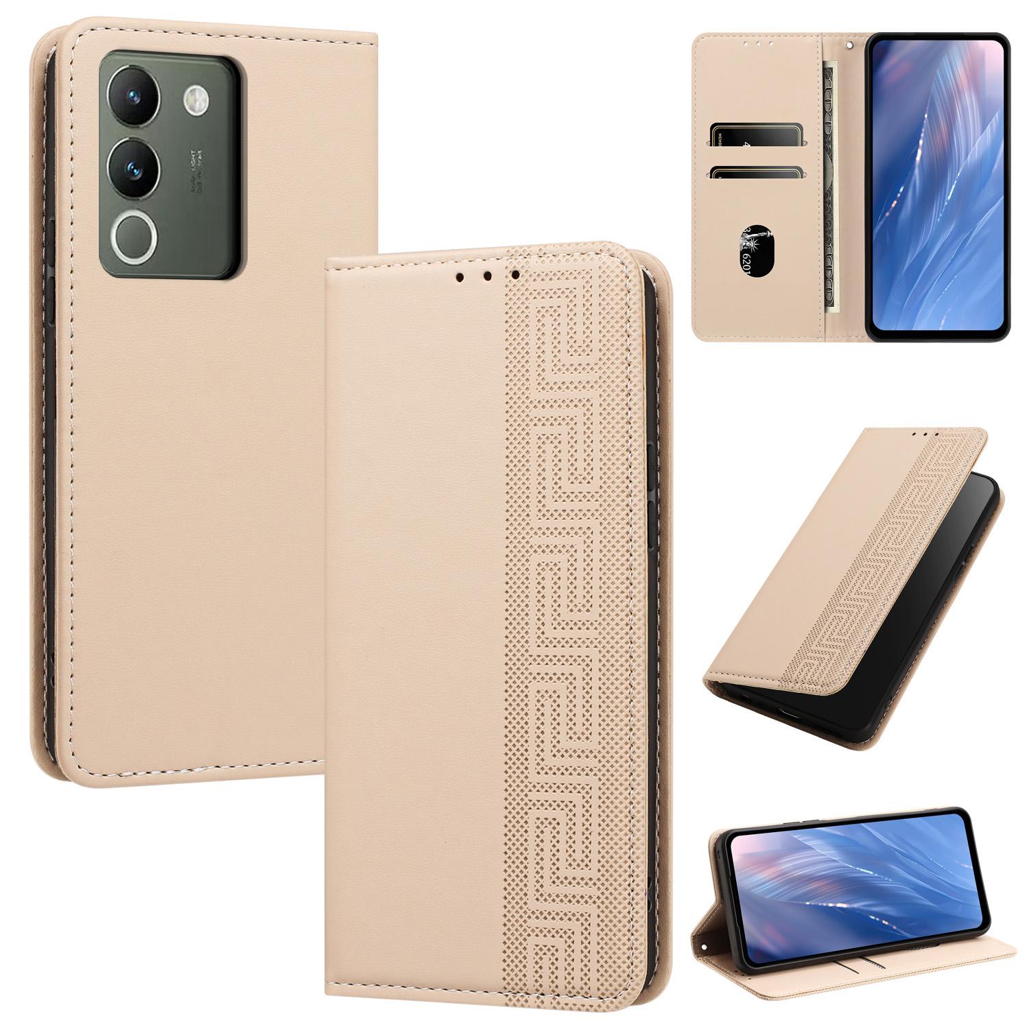 For vivo Y200 5G/V29e 5G/V30 Lite 5G Embossed Meander Pattern RFID Vegan Leather Phone Case(Beige) - Shopkiz.com