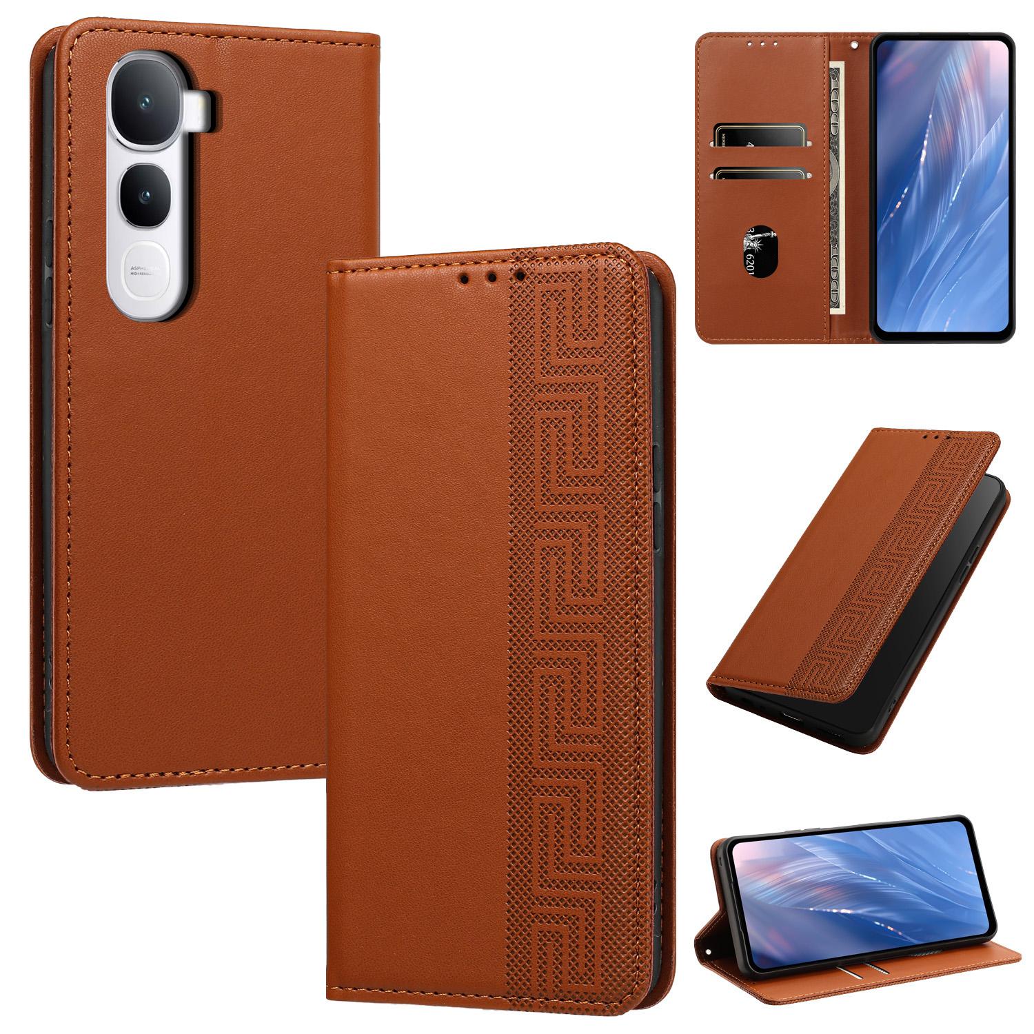 For vivo Y400 4G / 5G Global Embossed Meander Pattern RFID Vegan Leather Phone Case(Brown) - Shopkiz.com