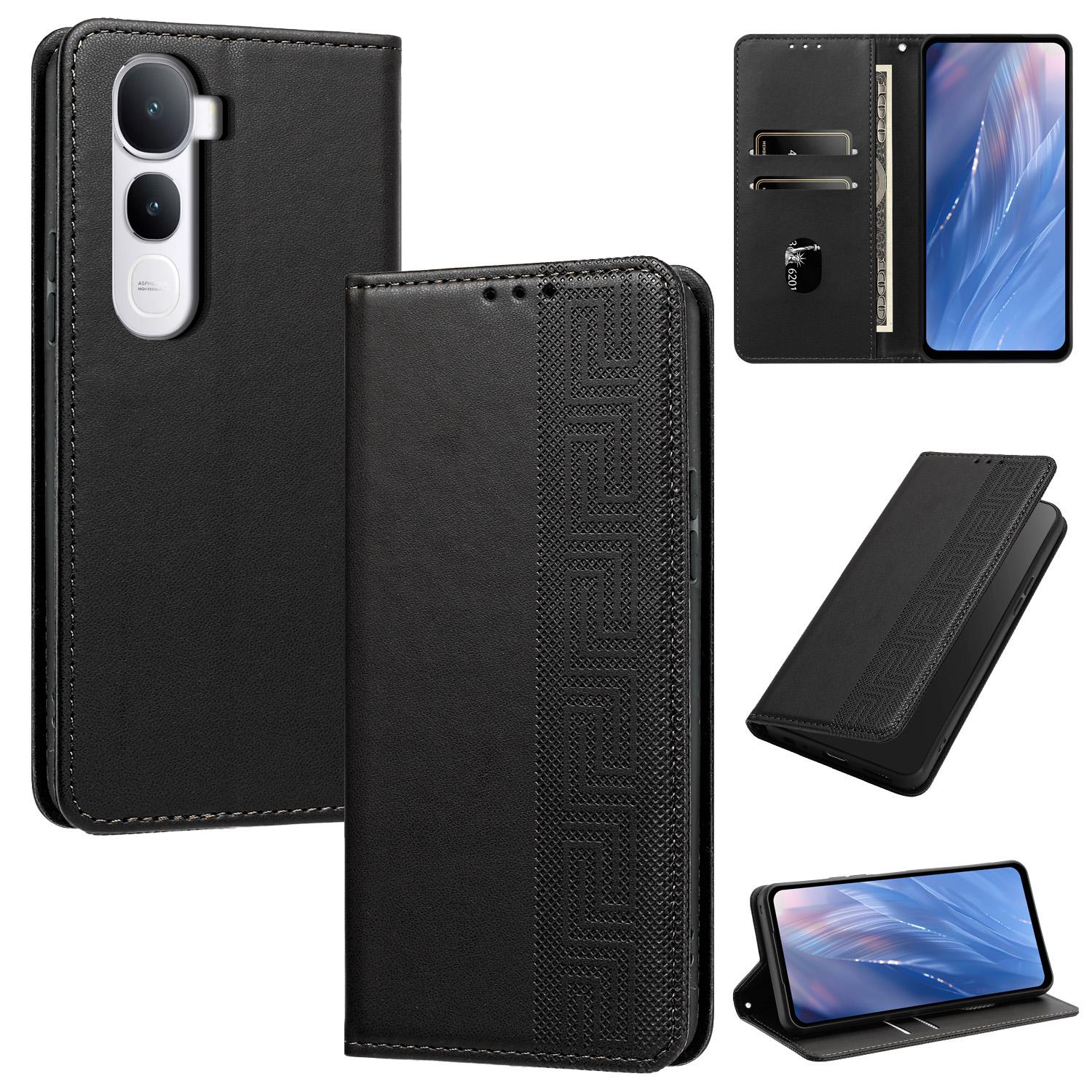 For vivo Y400 4G / 5G Global Embossed Meander Pattern RFID Vegan Leather Phone Case(Black) - Shopkiz.com