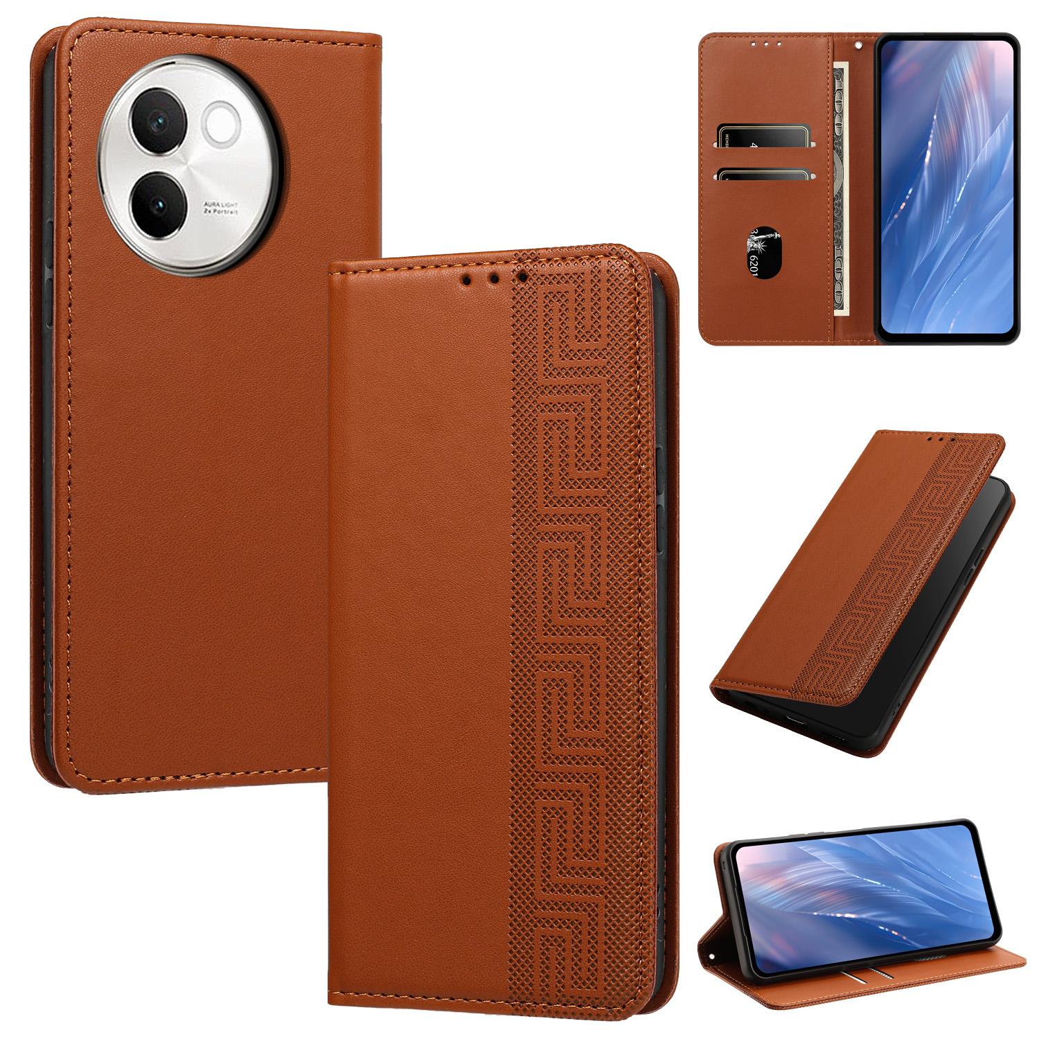 For vivo V30e?5G / V40 Lite 5G Embossed Meander Pattern RFID Vegan Leather Phone Case(Brown) - Shopkiz.com