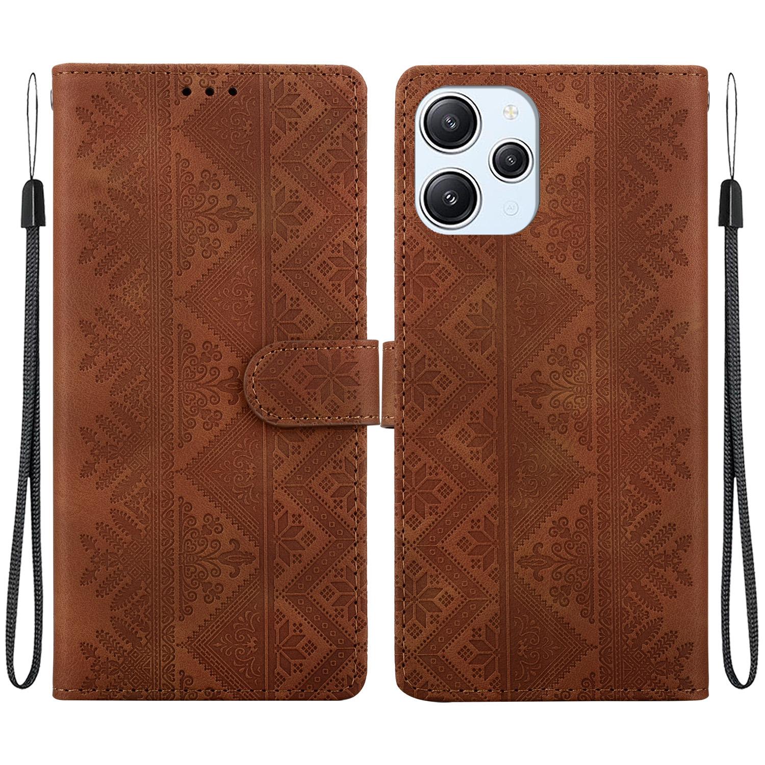 For Redmi 12 / Note 12R / Poco M6 Pro 5G Ethnic Pattern Embossed Vegan Leather Phone Case(Brown) - Shopkiz.com