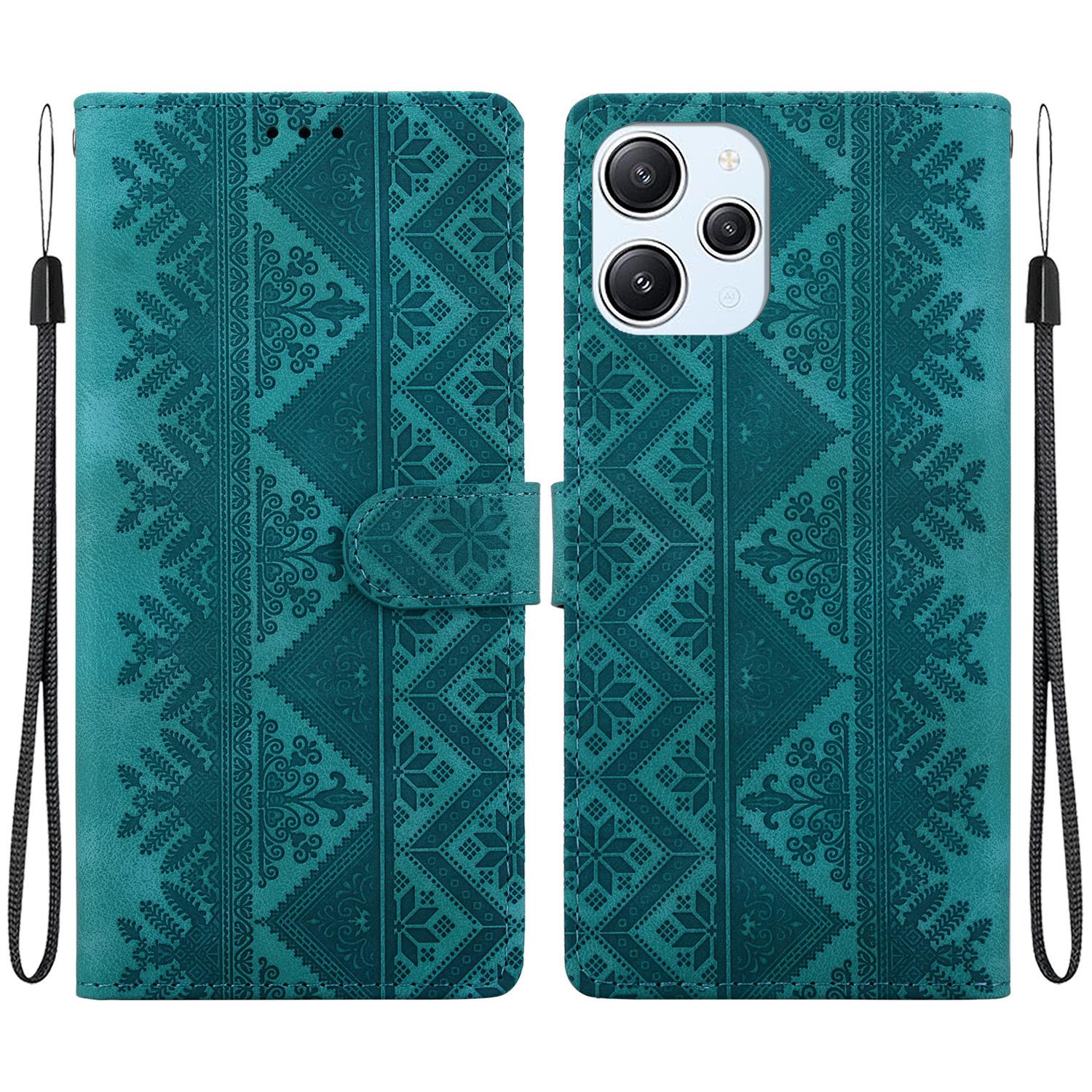 For Redmi 12 / Note 12R / Poco M6 Pro 5G Ethnic Pattern Embossed Vegan Leather Phone Case(Green) - Shopkiz.com
