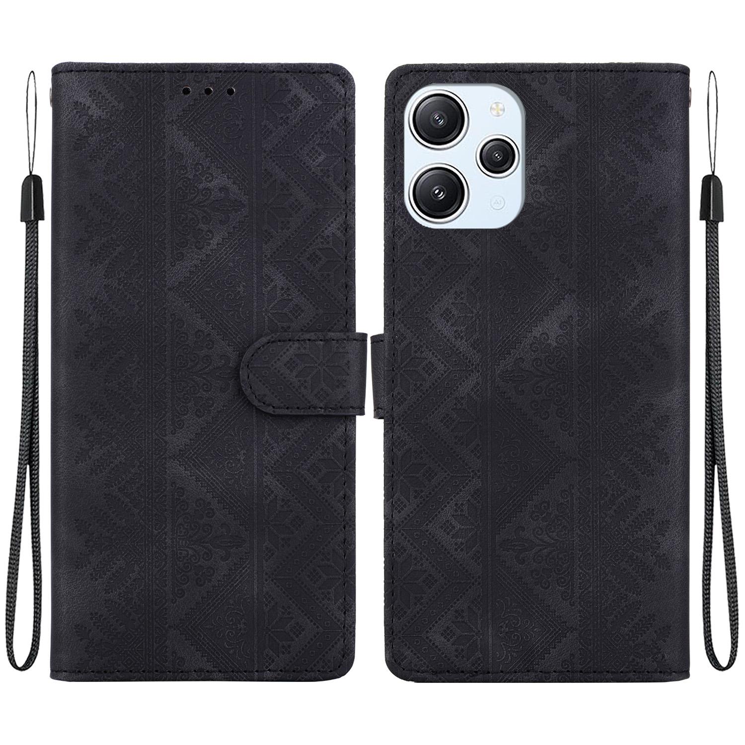 For Redmi 12 / Note 12R / Poco M6 Pro 5G Ethnic Pattern Embossed Vegan Leather Phone Case(Black) - Shopkiz.com