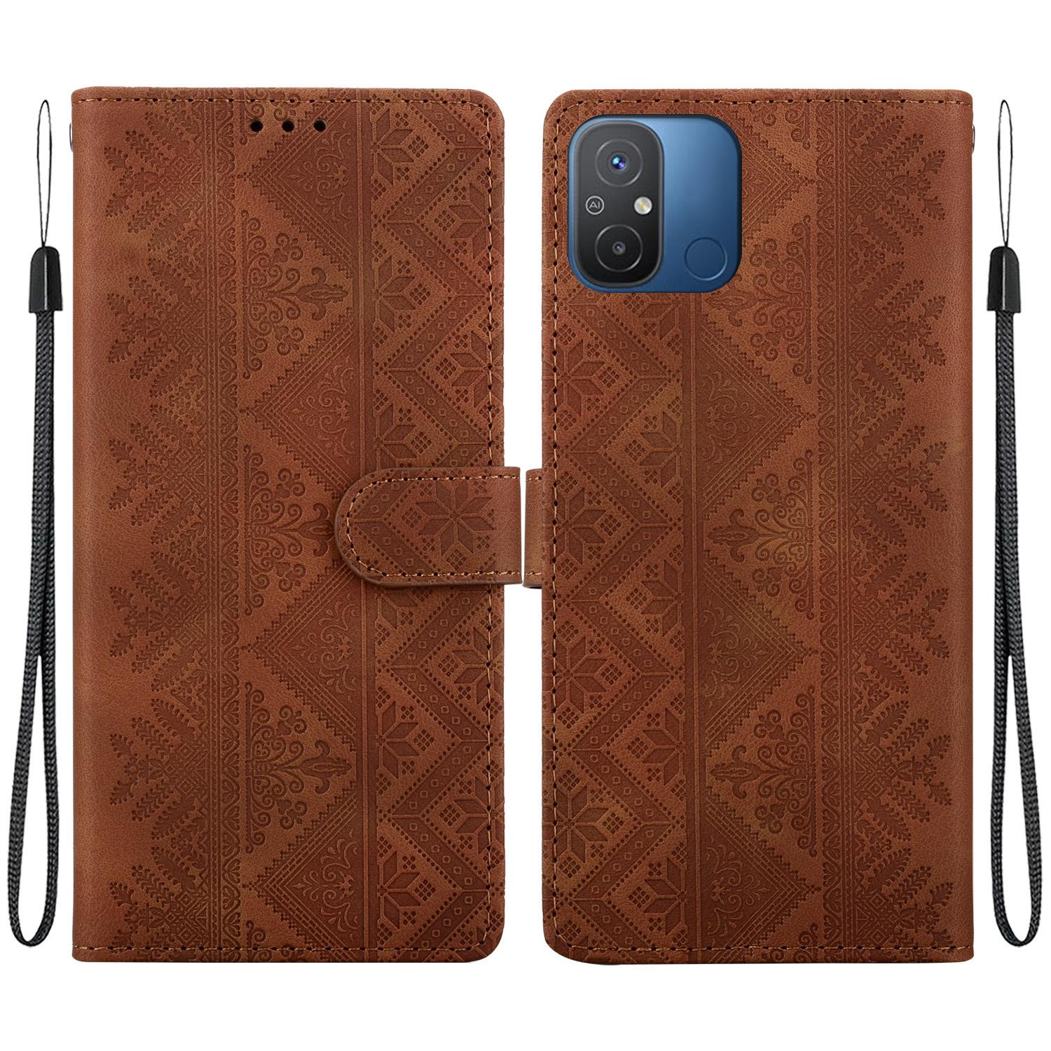 For Redmi 12C / Redmi 11A Ethnic Pattern Embossed Vegan Leather Phone Case(Brown) - Shopkiz.com