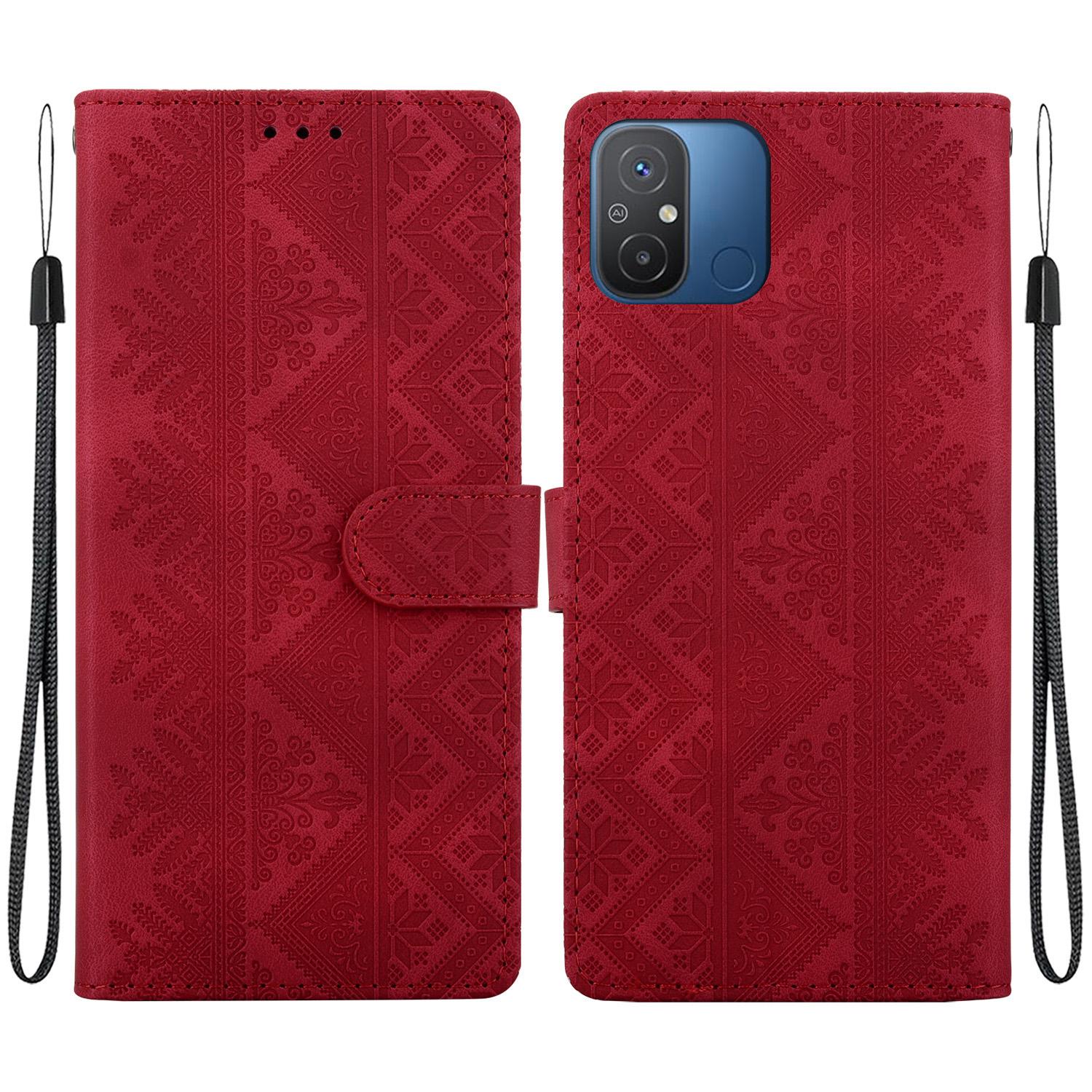 For Redmi 12C / Redmi 11A Ethnic Pattern Embossed Vegan Leather Phone Case(Red) - Shopkiz.com