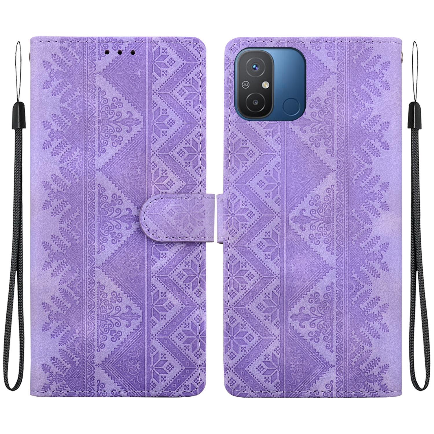 For Redmi 12C / Redmi 11A Ethnic Pattern Embossed Vegan Leather Phone Case(Purple) - Shopkiz.com