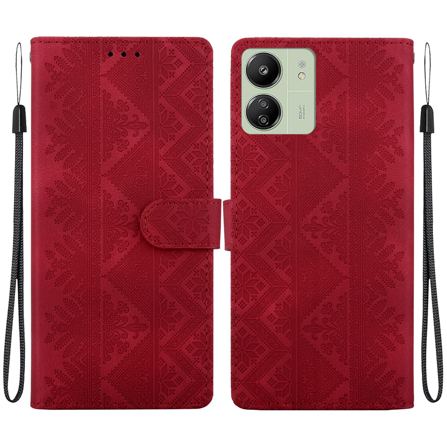 For Redmi 13C / Redmi 13R / Poco M6 5G Ethnic Pattern Embossed Vegan Leather Phone Case(Red) - Shopkiz.com