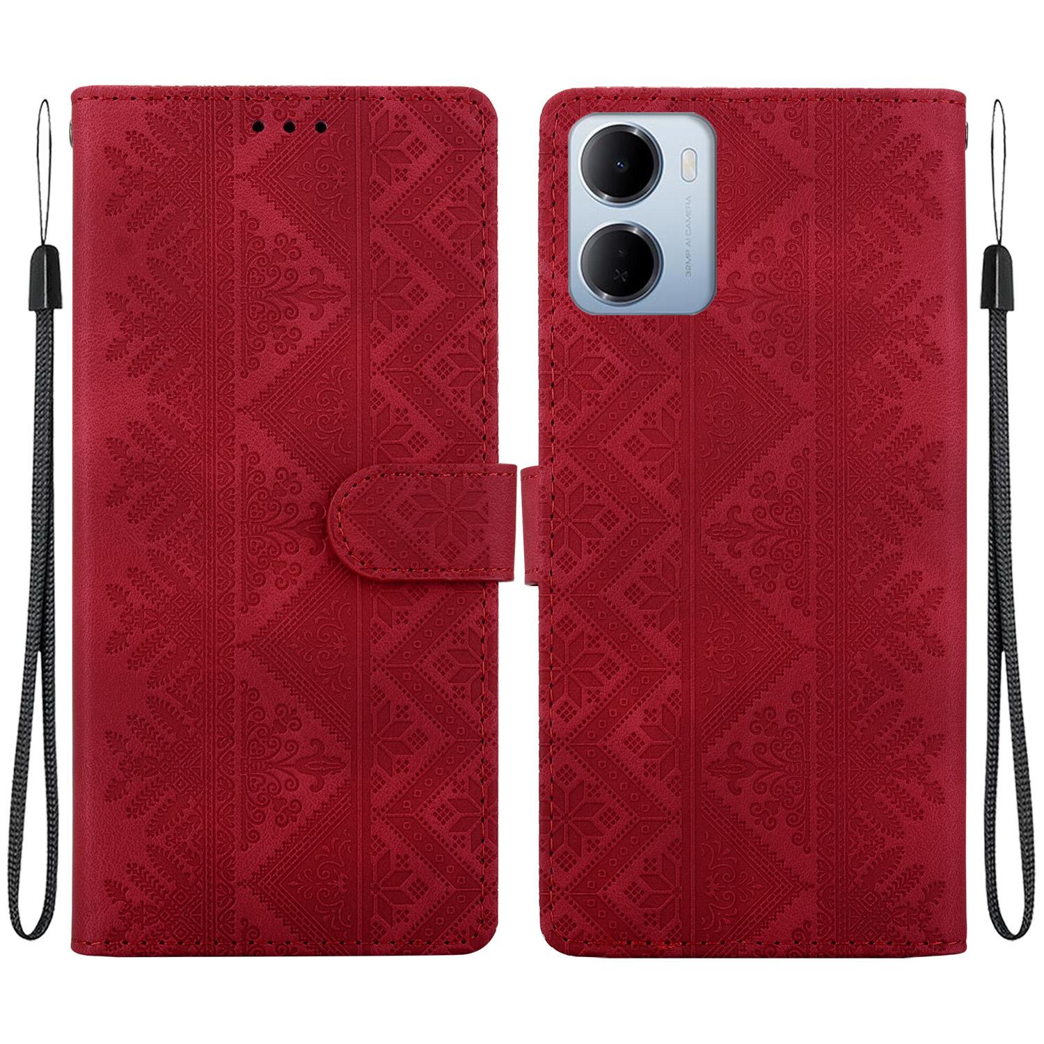 For Redmi 15a 5G Ethnic Pattern Embossed Vegan Leather Phone Case(Red) - Shopkiz.com