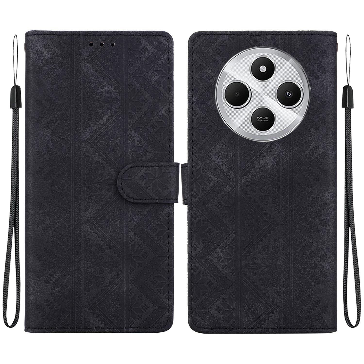 For Redmi 17C 4G / 14C / A4 5G Ethnic Pattern Embossed Vegan Leather Phone Case(Black) - Shopkiz.com