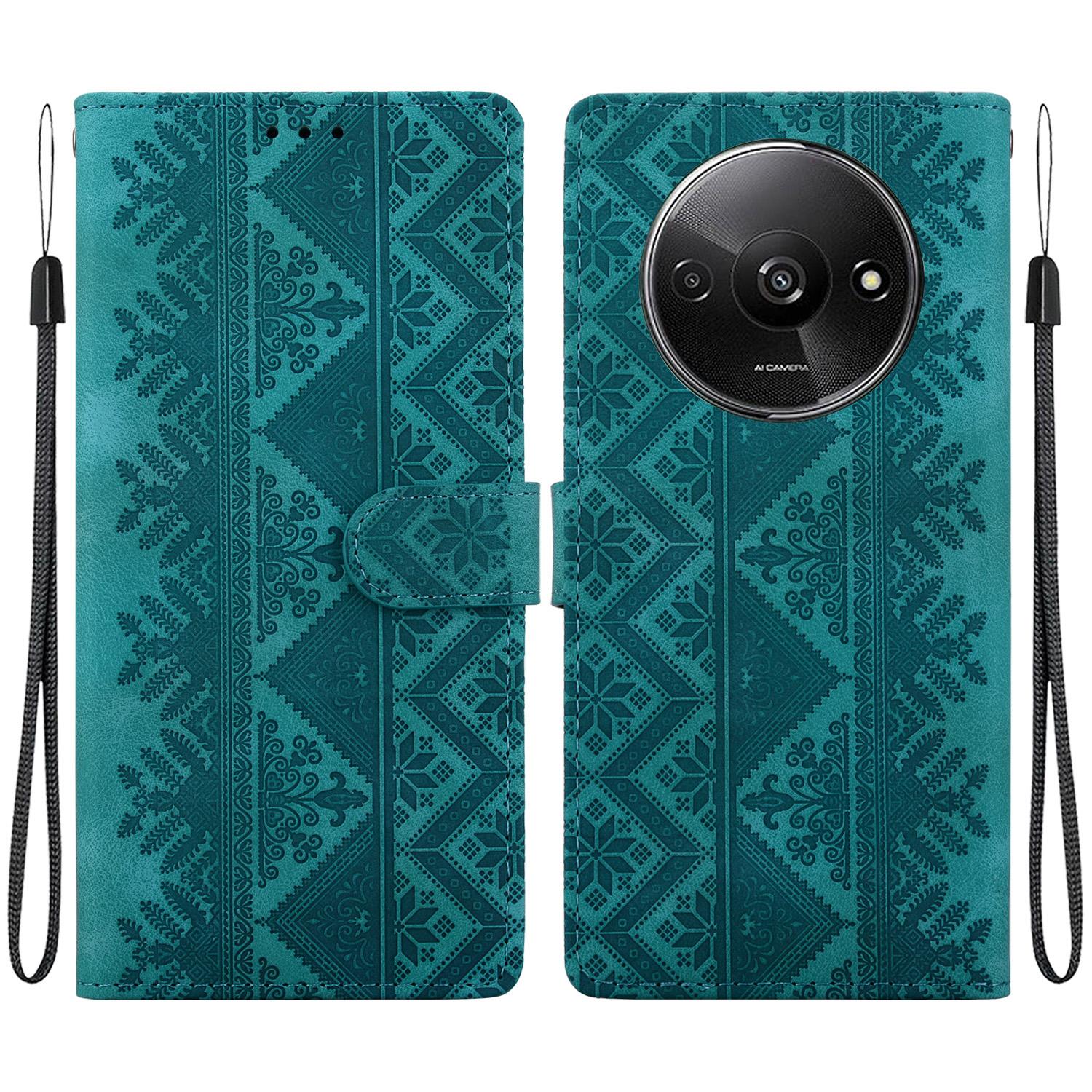 For Redmi A3 / A3x / Poco C61 Ethnic Pattern Embossed Vegan Leather Phone Case(Green) - Shopkiz.com