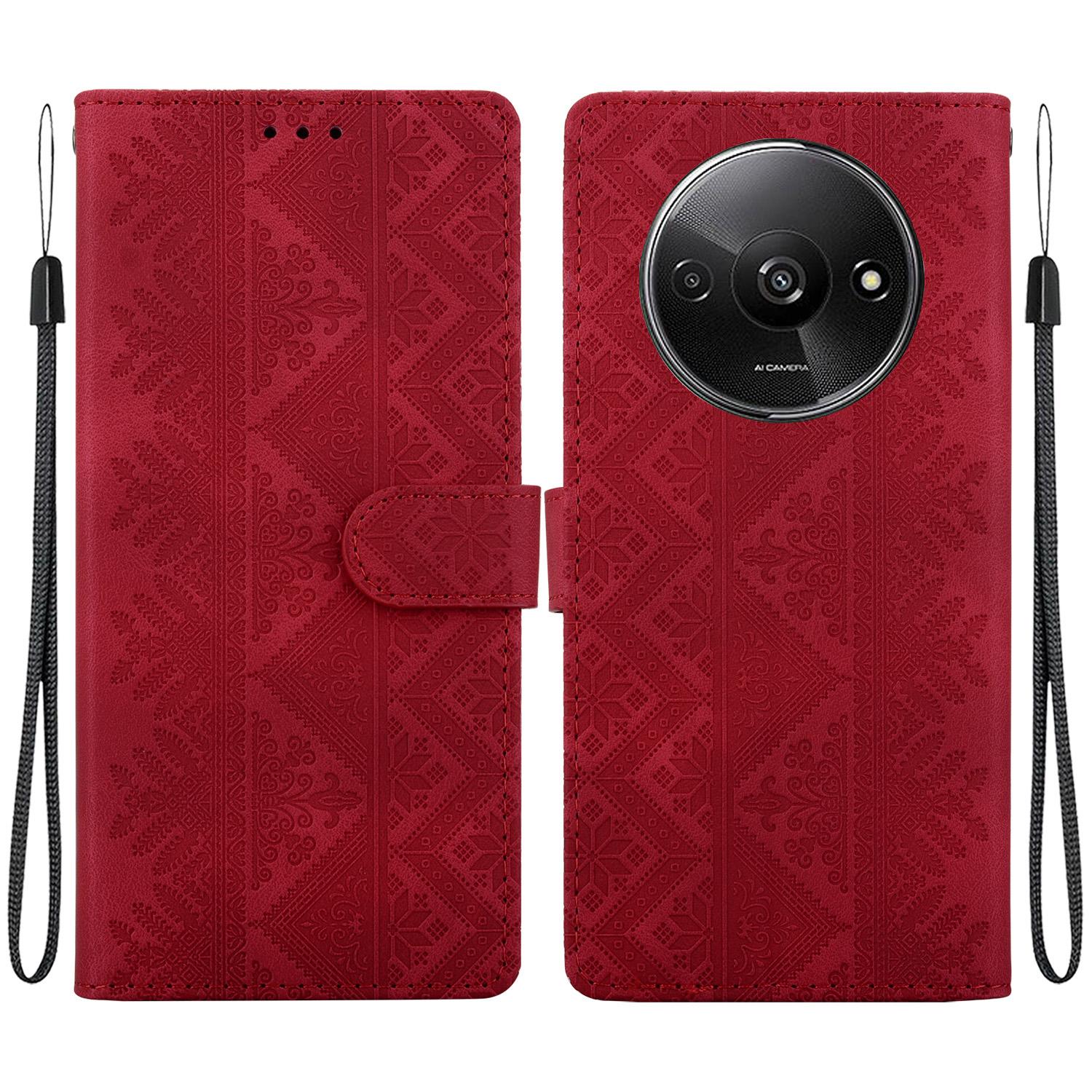 For Redmi A3 / A3x / Poco C61 Ethnic Pattern Embossed Vegan Leather Phone Case(Red) - Shopkiz.com
